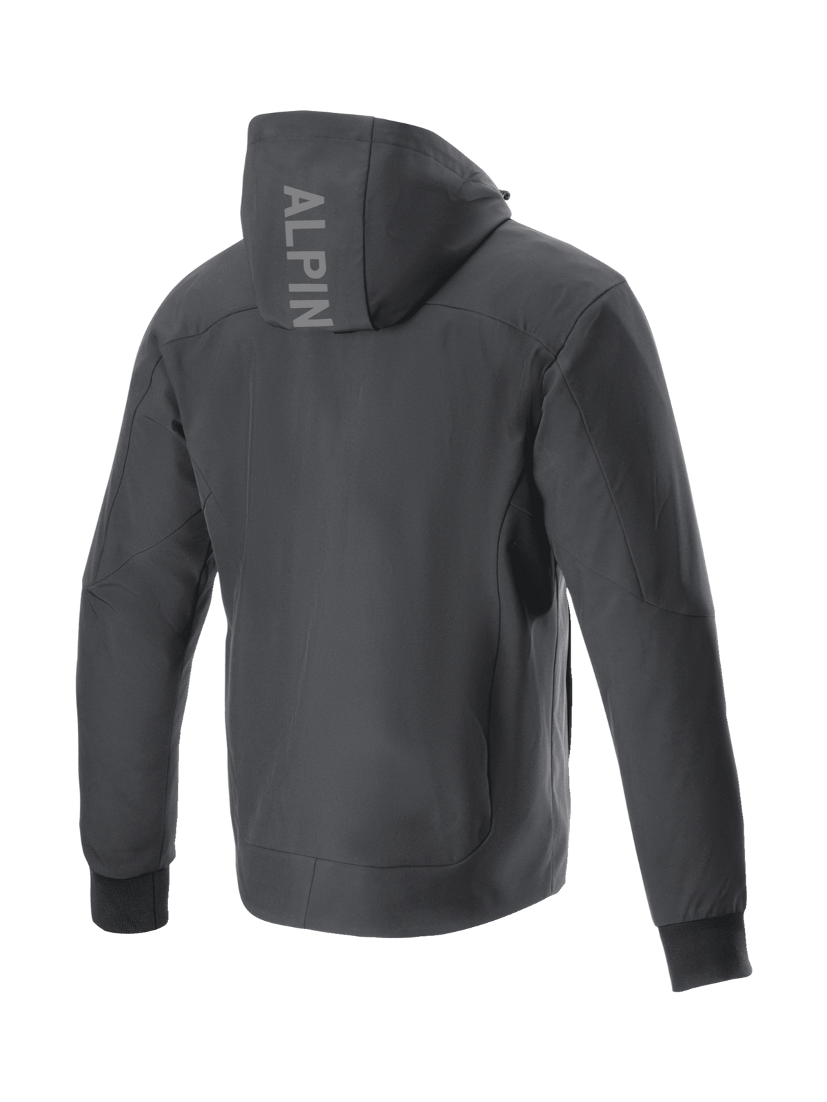 Alpinestars Radium Tech Hoodie, zwarte winddichte urban motorjas voor heren, rugaanzicht met logo op de capuchon.