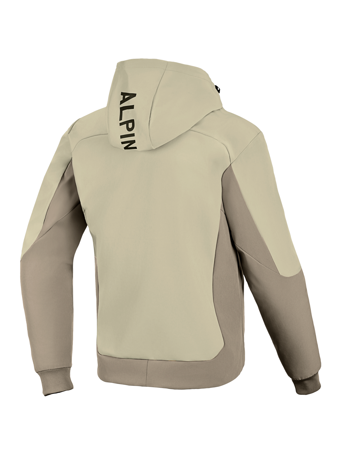 Alpinestars Radium Tech Hoodie, achteraanzicht, Mastic Aluminum, stedelijke motorjas, tweekleurig beige en grijs textielontwerp, verticale zwarte branding op de capuchon, geribde manchetten en zoom, winddichte technische shell voor stedelijk rijden.