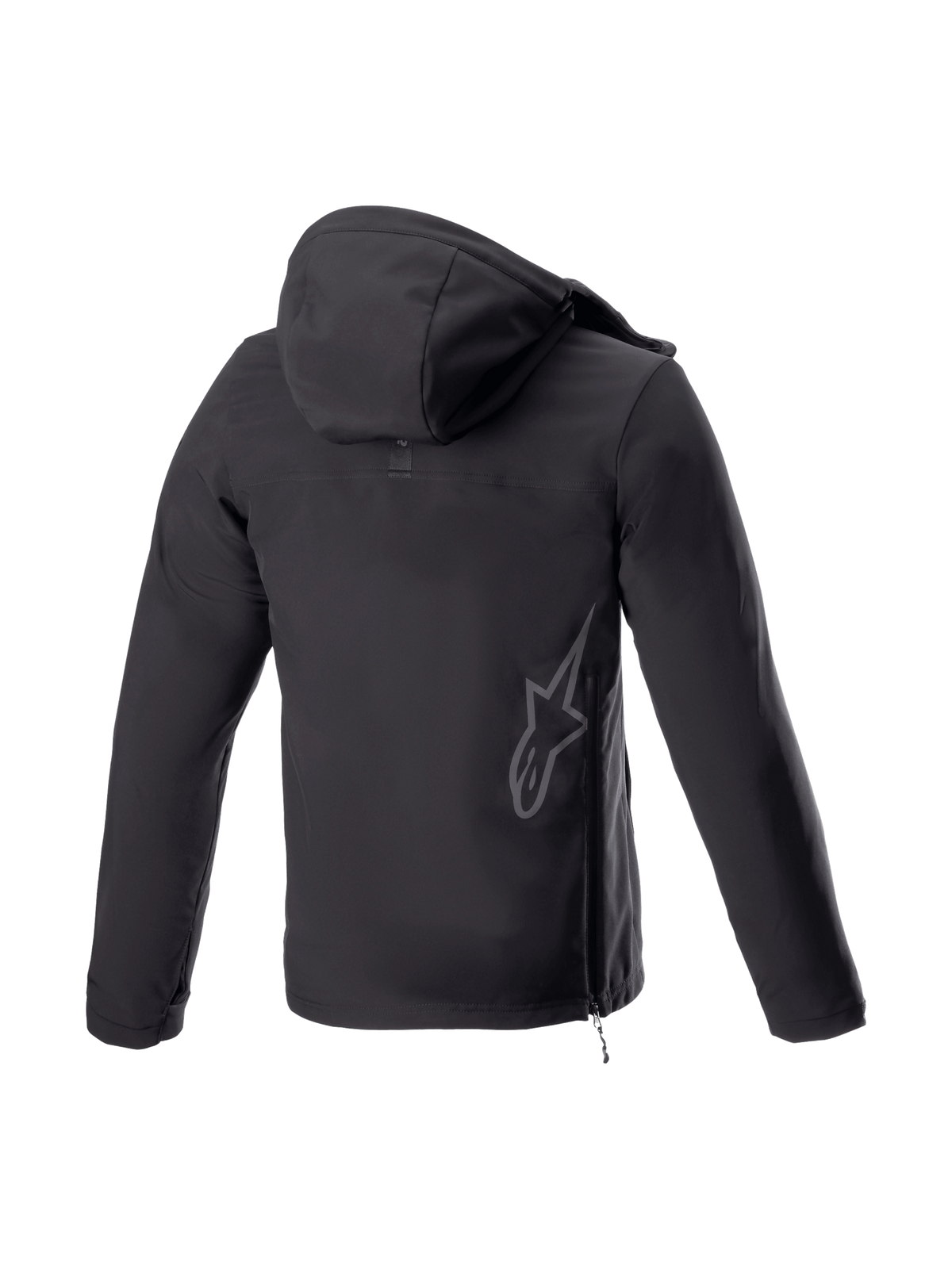 Alpinestars Sherpa Hoodie, zwarte urban herenmotorjas, achteraanzicht met reflecterend logo en zijritssluiting.