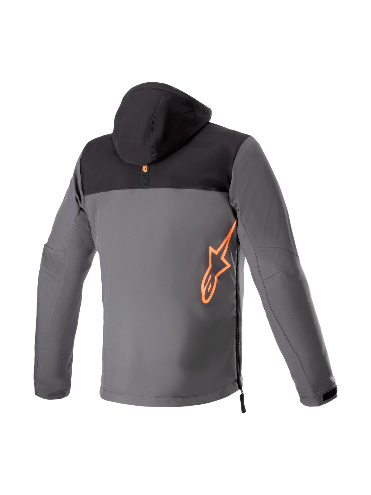Alpinestars Sherpa Hoodie, Men's Urban Riding Jacket, Black and Tar Gray Softshell, Red Fluo logo, Rear View, Tech-Air Ready.
