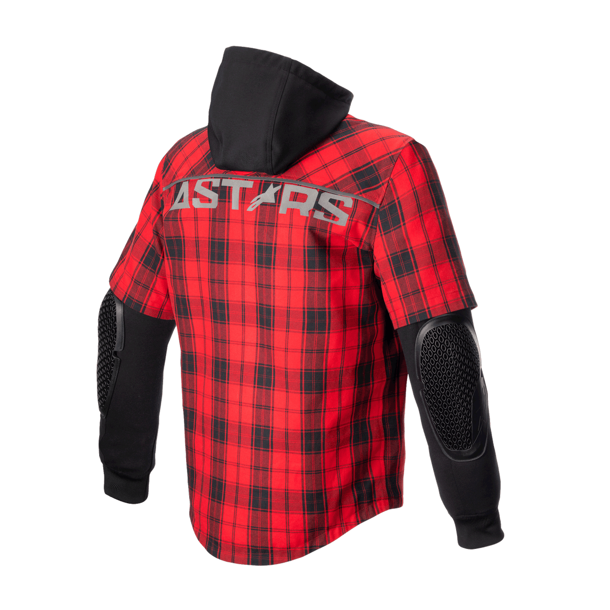 Alpinestars MO.ST.EQ Tartan Shirt, motoroverhemdjack, Flame Red en zwart, achteraanzicht met rood ruitpatroon, zwarte capuchon, lange zwarte mouwen met zichtbare honingraat elleboogbescherming en ASTARS-branding over de schouders