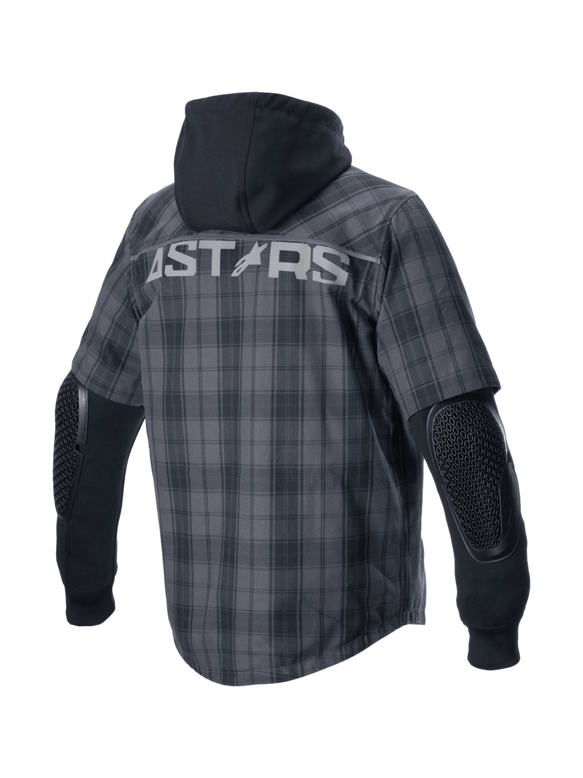 Alpinestars MO.ST.EQ Tartan Shirt, urban motoroverhemd met ruitpatroon in grijs en zwart, rugaanzicht met vaste capuchon, zichtbare elleboogbescherming en ASTARS-logo op de rug, CE-gecertificeerd.
