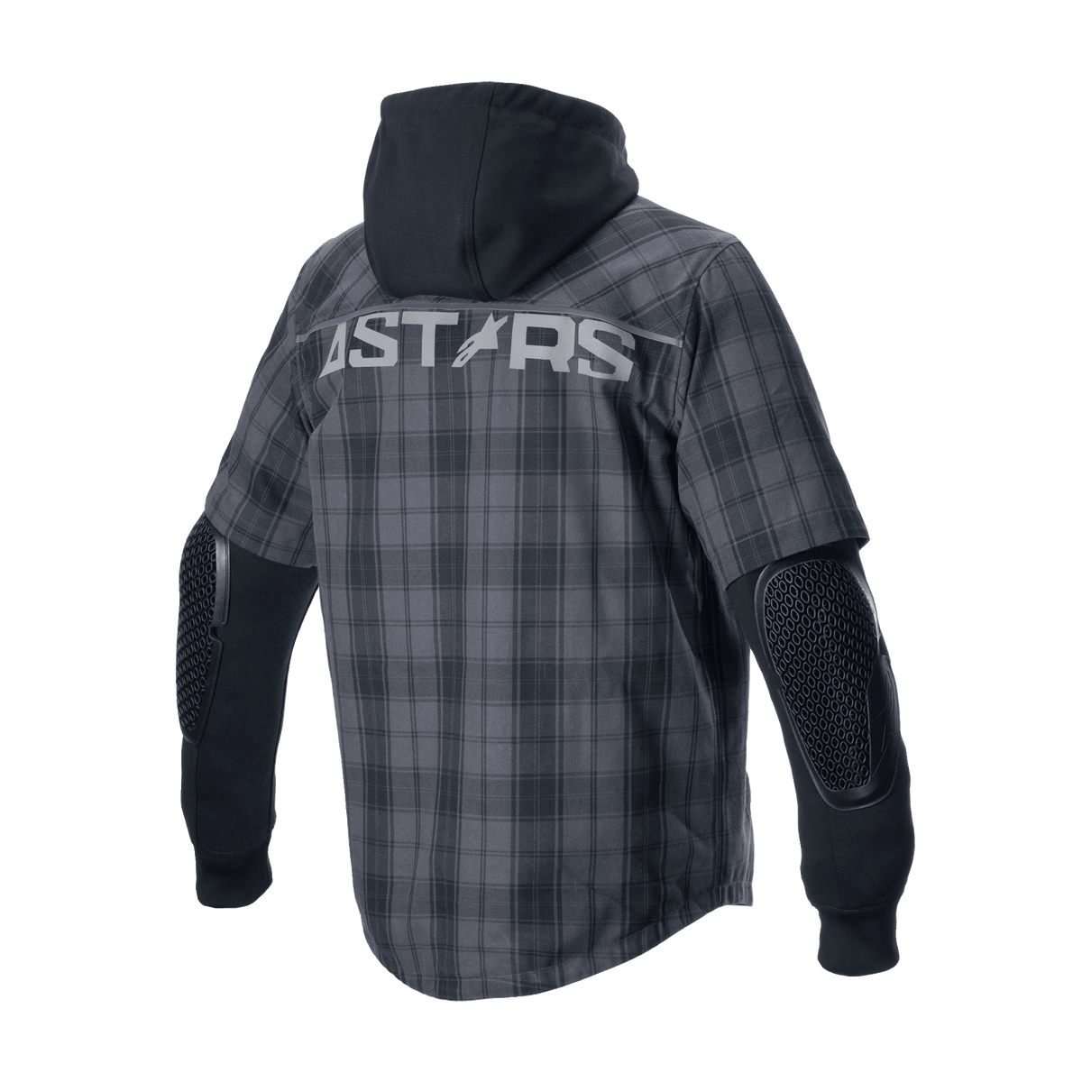 Alpinestars MO.ST.EQ Tartan Shirt, urban motorjas, Tar Gray Black, achteraanzicht met 'ASTARS' branding op de schouders, een vaste zwarte capuchon en zichtbare honingraat elleboogbescherming op lange zwarte mouwen