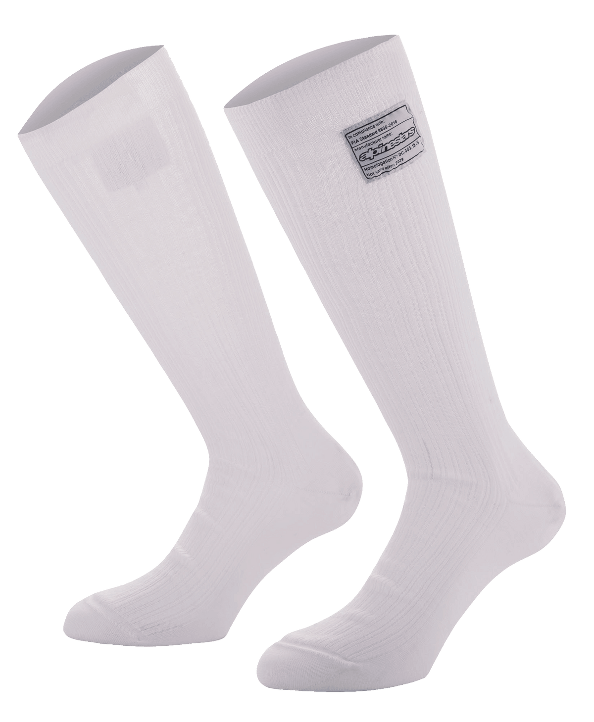 Alpinestars Race V4 sokken, witte kniehoge autoracesokken, geribbelde Nomex-constructie met FIA-certificeringslabel, brandwerend ontwerp voor professionele motorsport