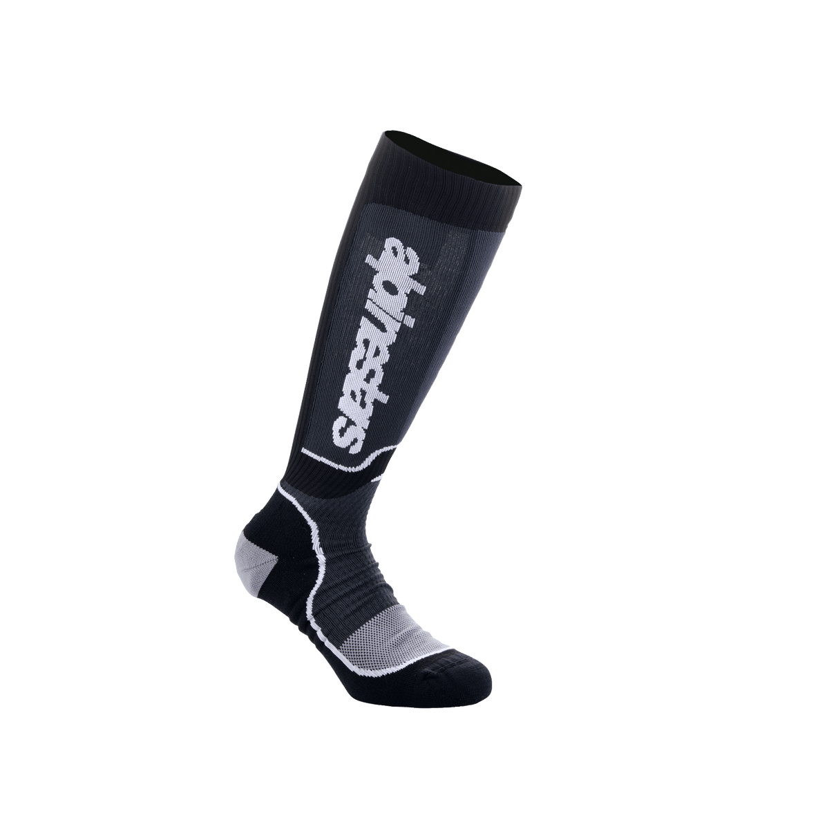 Alpinestars Youth MX Plus sokken, motorcross kniesokken, zwart en grijs, voorzien van wit Alpinestars-logo, geribbelde textuur met versterkte hiel en teen, ademende enkellaagse constructie voor off-road prestaties
