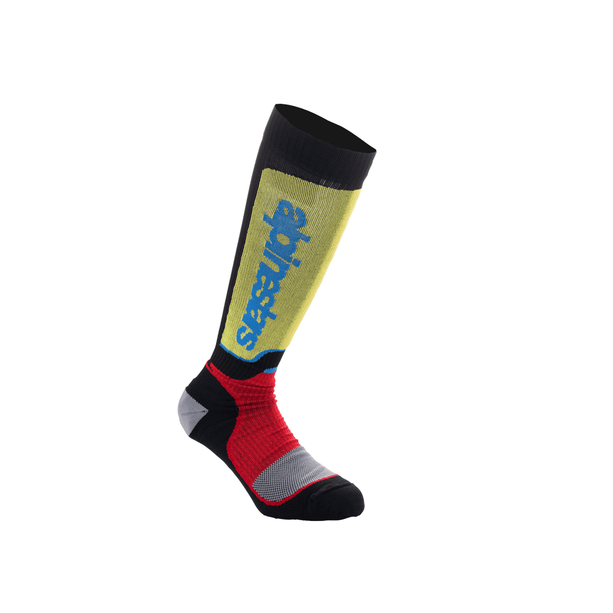Alpinestars Youth MX Plus sokken, motorcross sokken, zwart met gele, rode en lichtblauwe accenten, kniehoog, voorzien van een geribbelde constructie en verticale Alpinestars-branding op het scheenbeen