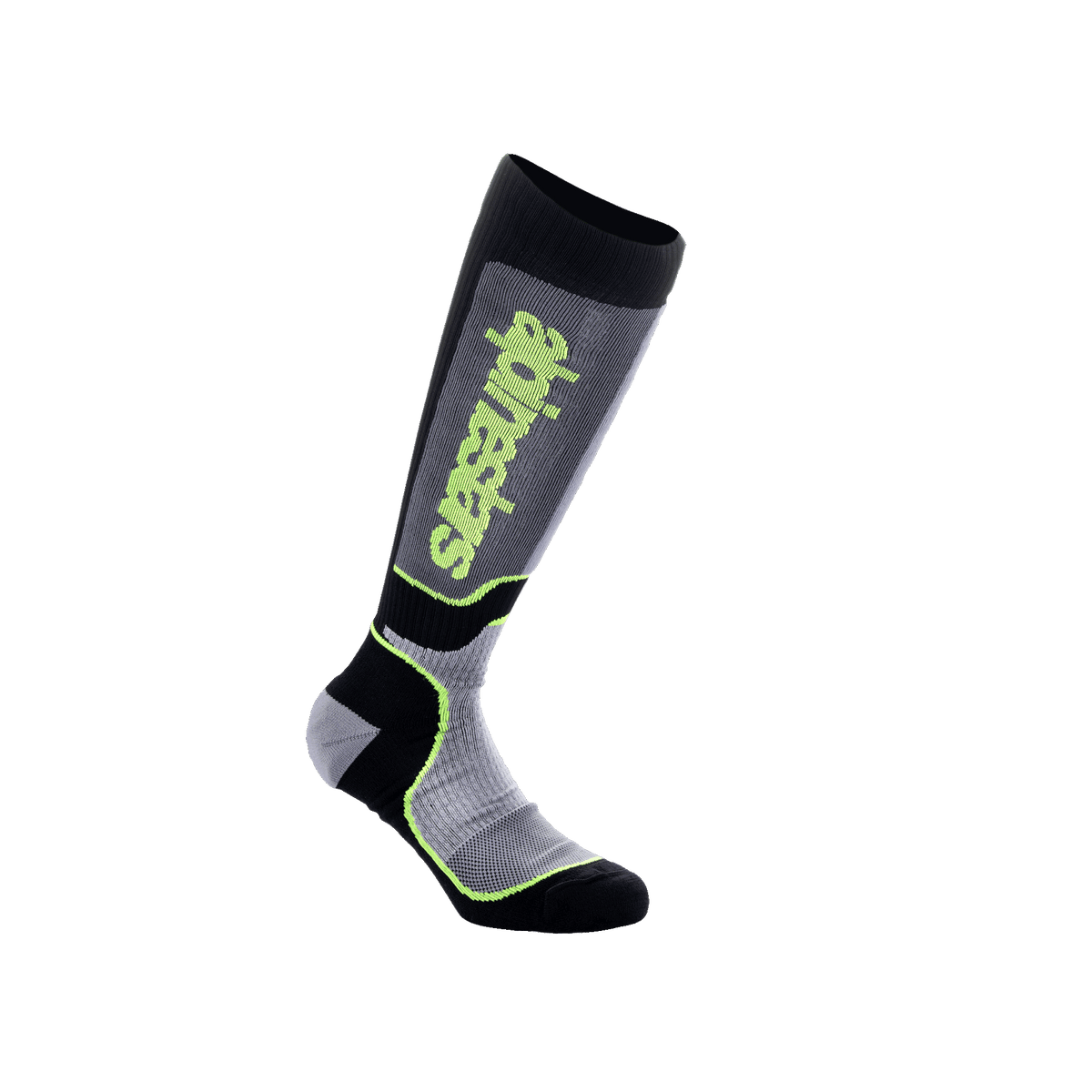 Alpinestars Youth MX Plus sokken, motorcross rijsokken voor de jeugd, zwart, grijs en geel fluo, kniehoog performance-ontwerp met geribbelde constructie en Alpinestars-logo, voor off-road motorraces