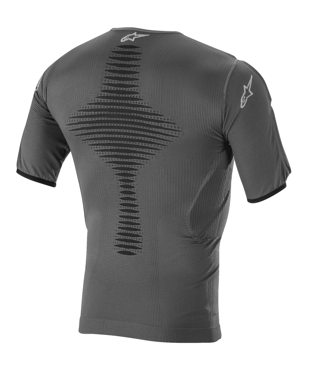 Alpinestars Roost Basislaag Top, motocross basislaag, antraciet zwart, achteraanzicht met gebreide ademende constructie, getextureerde centrale ventilatiezone, korte mouwen en Alpinestars sterlogo op de kraag en mouw