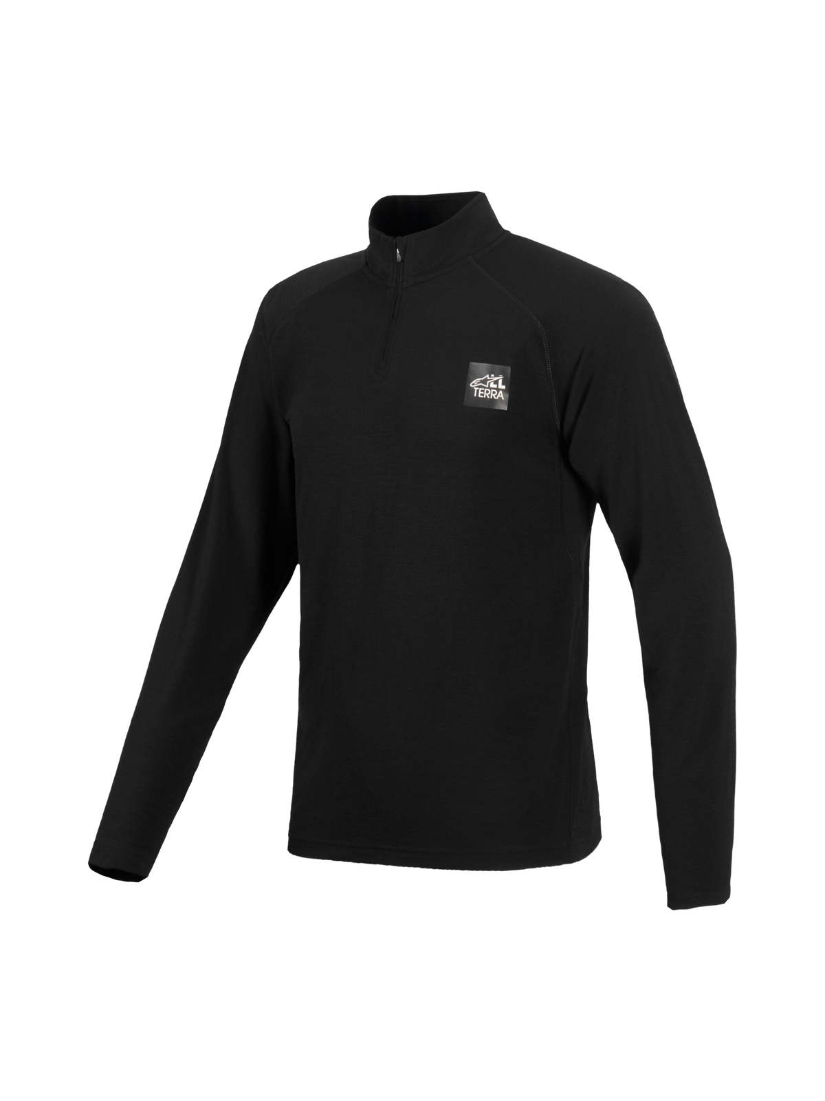 Alpinestars At 8 Merino Top Layer, zwarte technische basislaag voor avontuurlijke motorrijders met lange mouwen, een opstaande kraag met kwartsluiting en All Terra-borstlogo