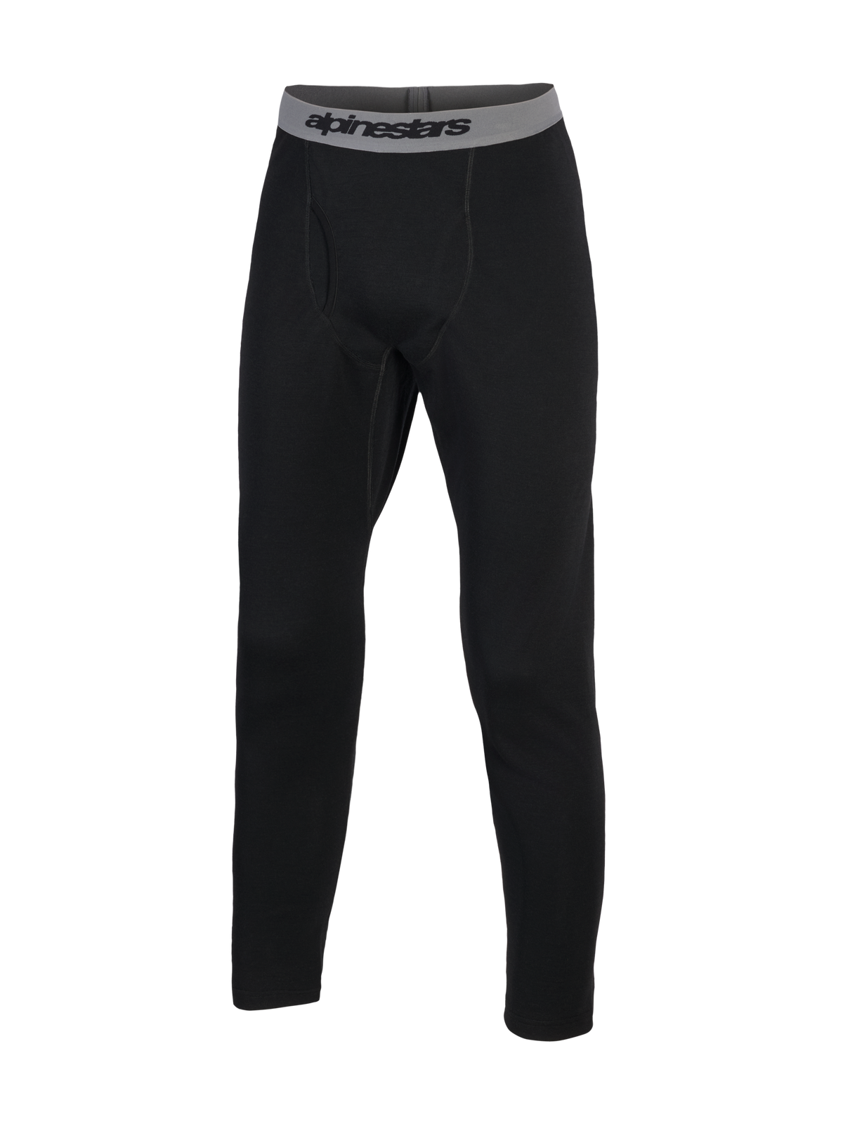 Alpinestars At 8 Merino Bottom basislaag, zwarte technische broek met grijze elastische tailleband en branding, merinowol mix