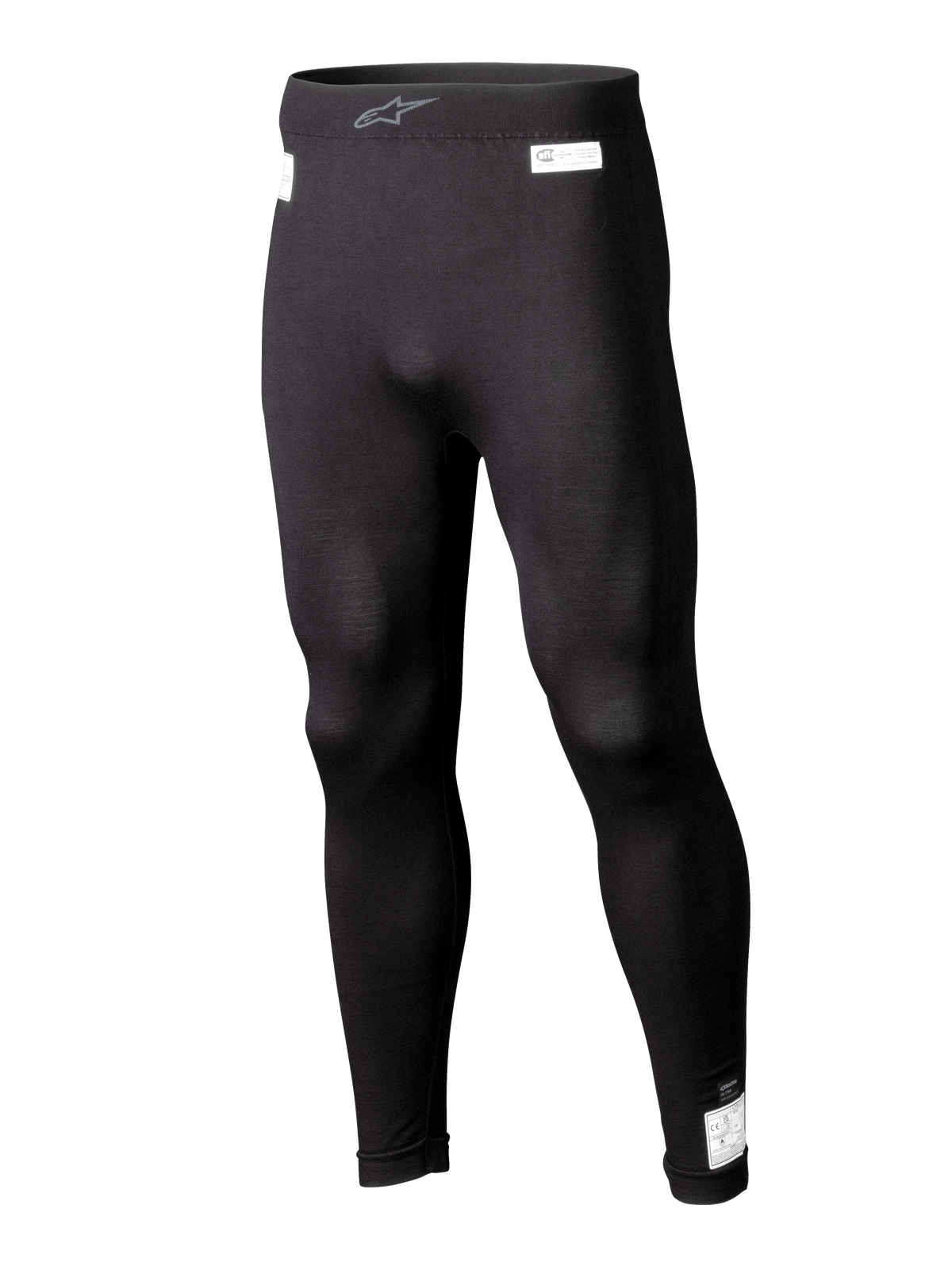 Alpinestars ZX Evo V3 Bottom, zwarte motorsport base layer legging, vlamvertragend race-ondergoed, model over de volledige lengte met witte FIA- en SFI-certificeringslabels, elastische tailleband met grijs Astars-logo, strakke taps toelopende pasvorm
