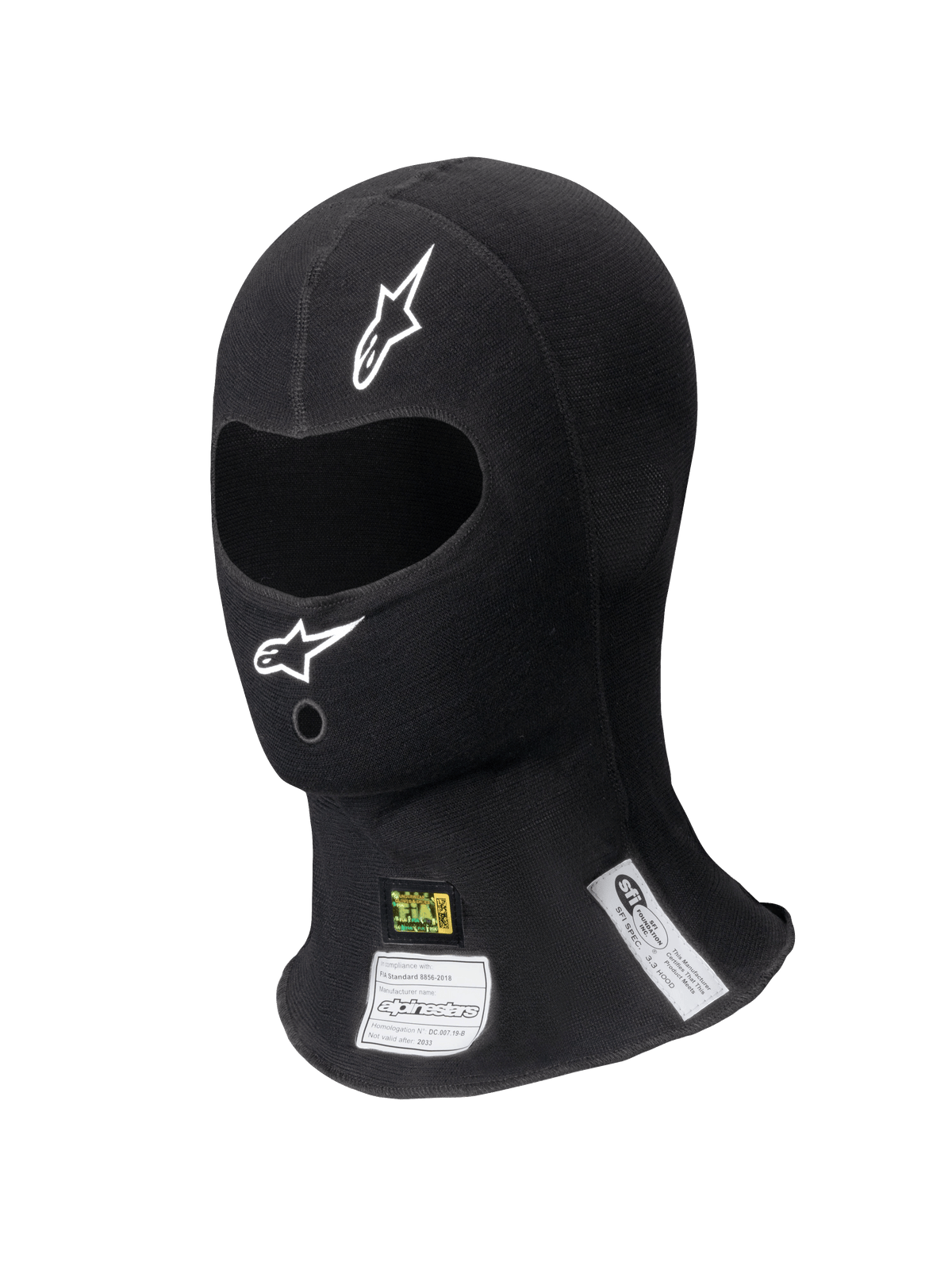 Alpinestars ZX Balaclava Evo V2 FIA/SFI, zwarte racebivakmuts, enkele oogopening met witte logo's, zichtbare FIA- en SFI-certificeringslabels in de nek, vlamvertragende technische stof voor professionele autosport