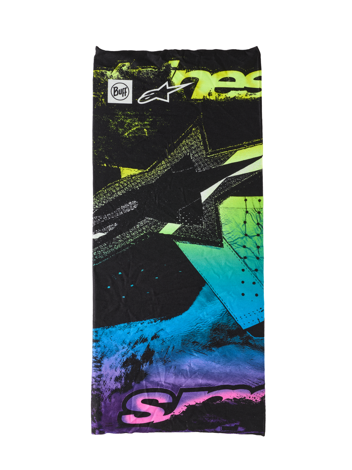 Alpinestars Buff Ignite Neck Tube, zwart met fluorescerend roze, gele, blauwe en paarse abstracte graphics, voorzien van het Alpinestars ster-logo en Buff-branding, naadloze lichtgewicht nekwarmer voor motorrijden