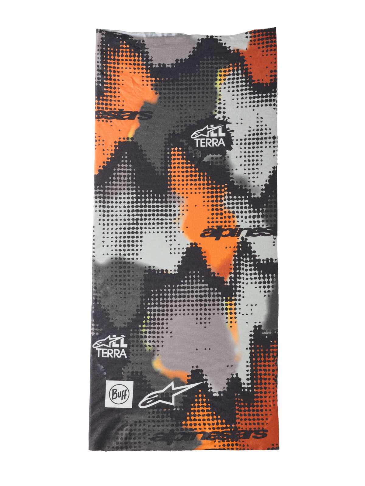 Alpinestars Buff Nazca Neck Tube, motor-nekwarmer, Gray Camo en Orange Fluo, digitaal halftone camouflagepatroon, met Alpinestars- en Buff-logo's en All Terra-branding, naadloze 4-way stretchstof voor rijden bij warm weer