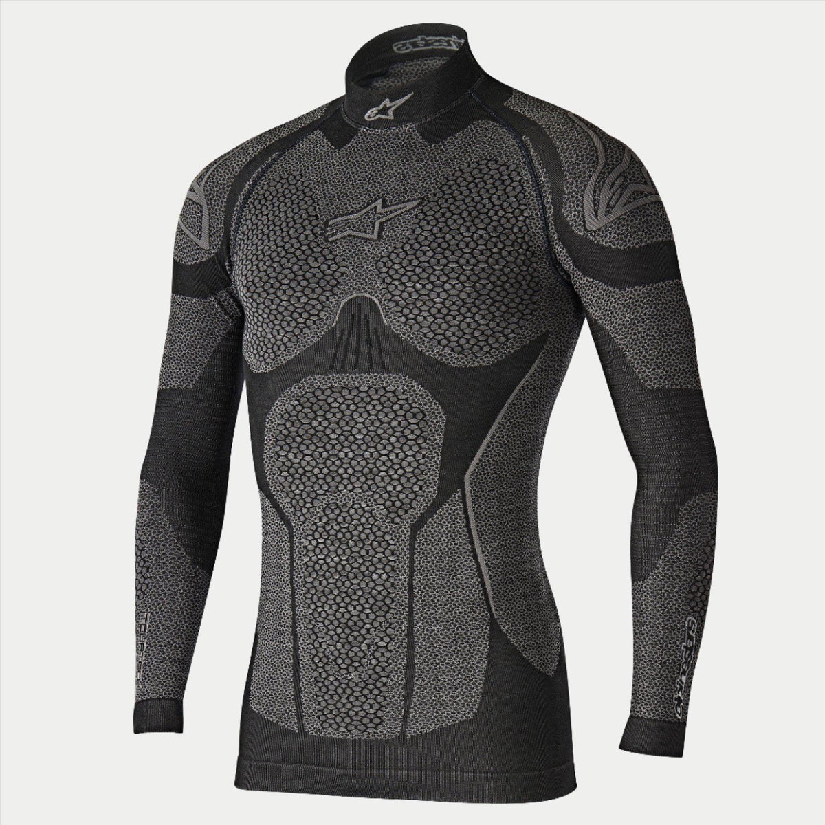 Alpinestars Ride Tech Top Long Sleeve Winter, motorfiets basislaag, zwart en grijs, technisch shirt met lange mouwen en panelen met honingraatstructuur met dubbele dichtheid, compressiepasvorm, opstaande kraag met wit Alpinestars-logo, thermische onderkleding voor koud weer