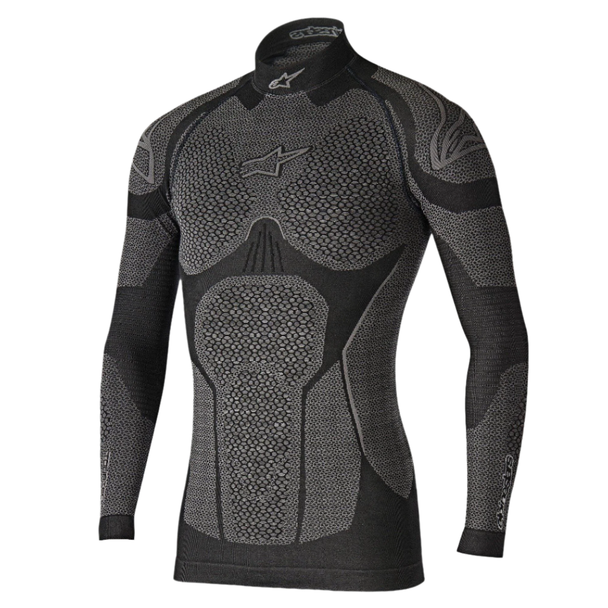 Alpinestars Ride Tech Top Lange Mouwen Winter, technische basislaag, zwart en grijs, met panelen met honingraatstructuur, opstaande kraag en compressiepasvorm voor motorrijden in koude weersomstandigheden