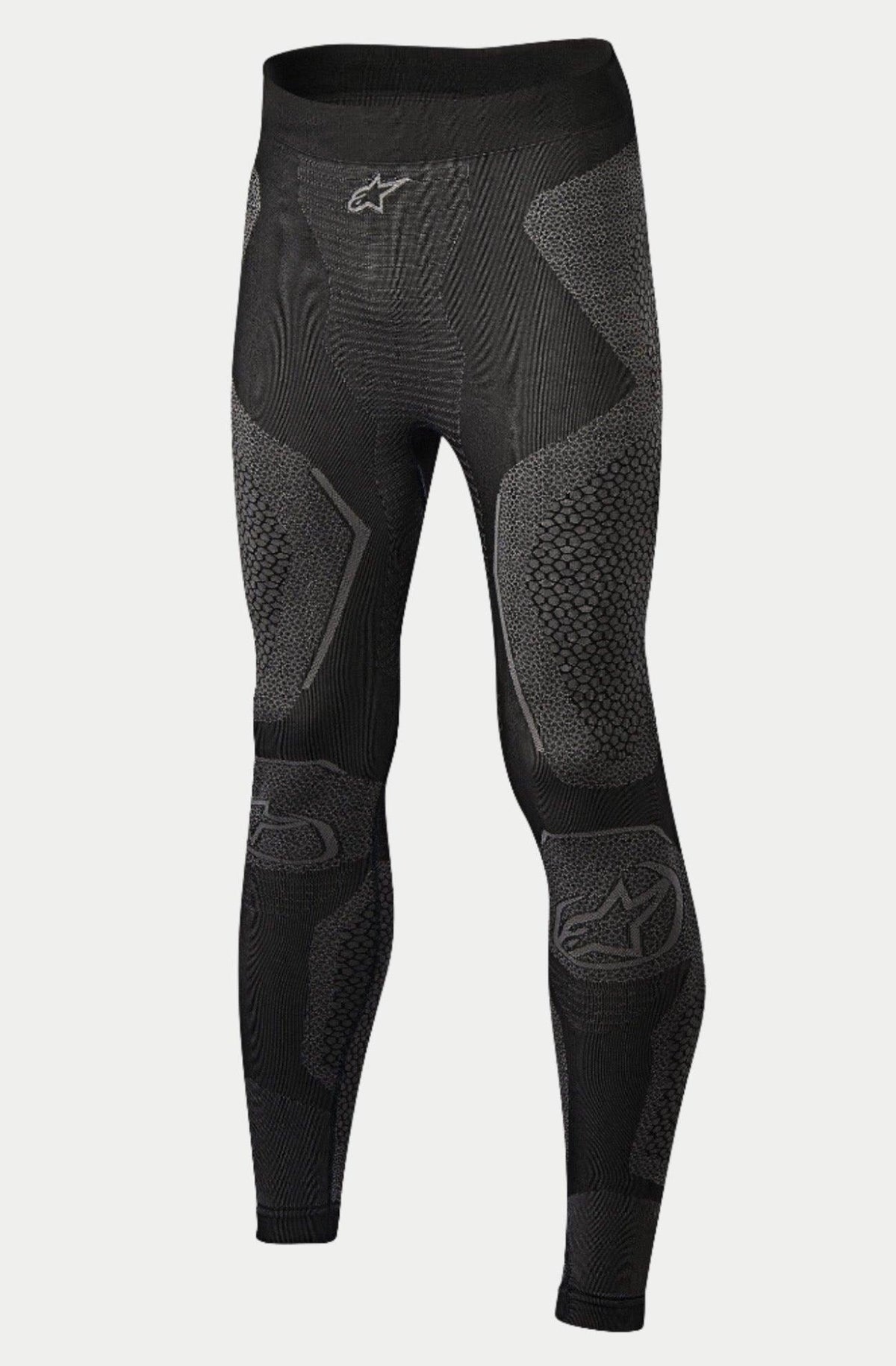 Alpinestars Ride Tech Bottom Winter, motor onderkleding broek, zwart en grijs, voorzien van gebreide panelen met dubbele dichtheid en textuurpatronen, naadloze constructie, Alpinestars-logo's op de tailleband en de schenen, ontworpen voor rijden in koude weersomstandigheden