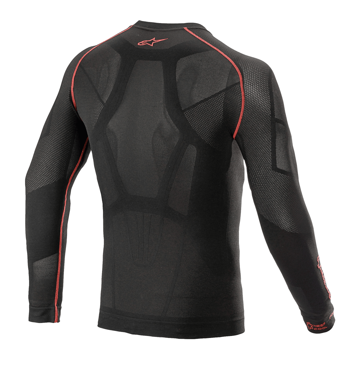 Alpinestars Ride Tech V2 Top Lange Mouwen Zomer, motor-onderlaag, zwart en rood, achteraanzicht met lichaamsgeoriënteerde constructie met open mesh-inzetstukken, rode flatlocknaden en rood Alpinestars-logo op de kraag, technische onderlaag voor warm weer