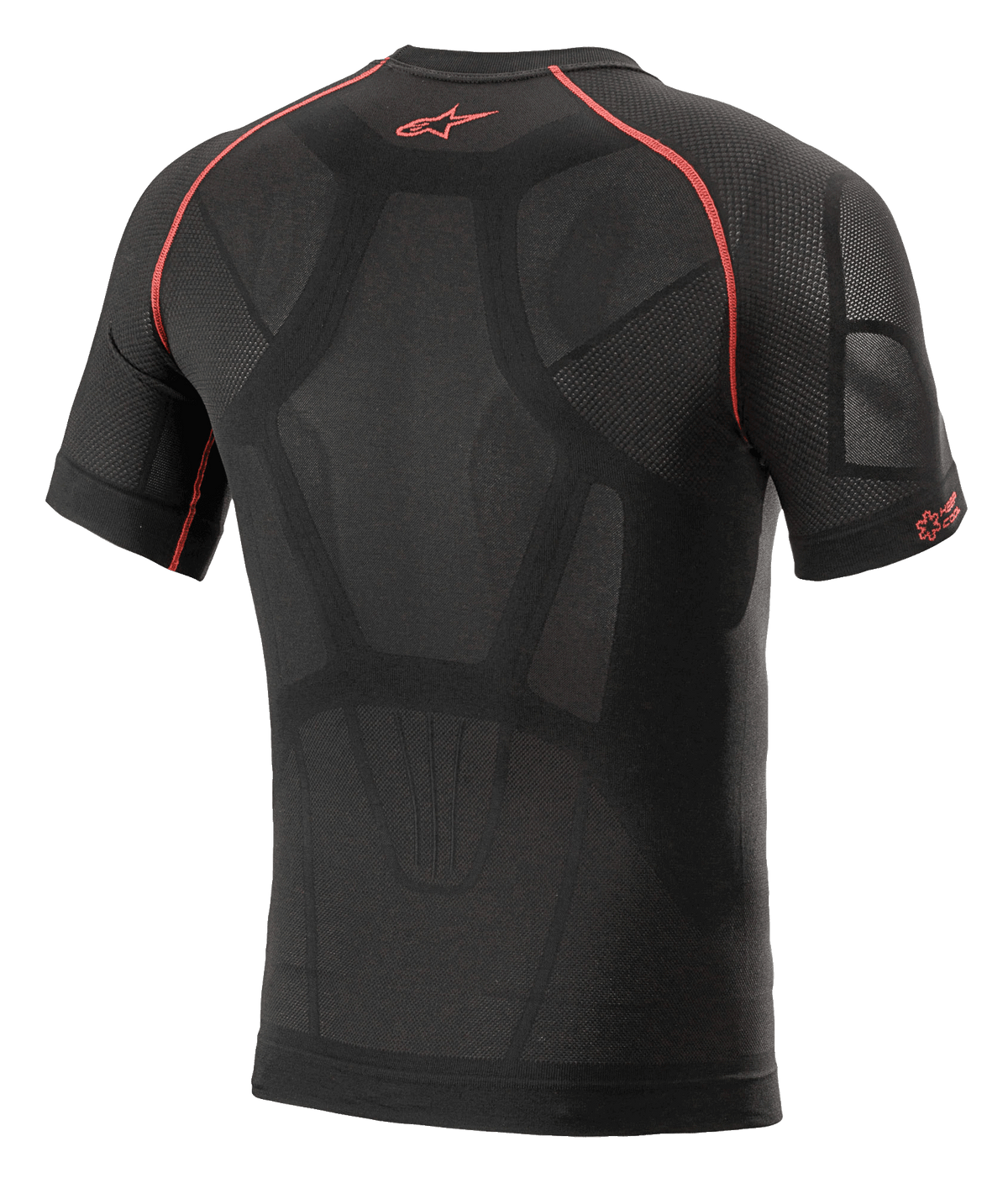 Alpinestars Ride Tech V2 Top Korte Mouwen Zomer, motor base layer, zwart en rood, achteraanzicht met lichaamsgeoriënteerde constructie, mesh ventilatiepanelen, rode contrasterende stiksels en rood Astars-logo op de bovenrug