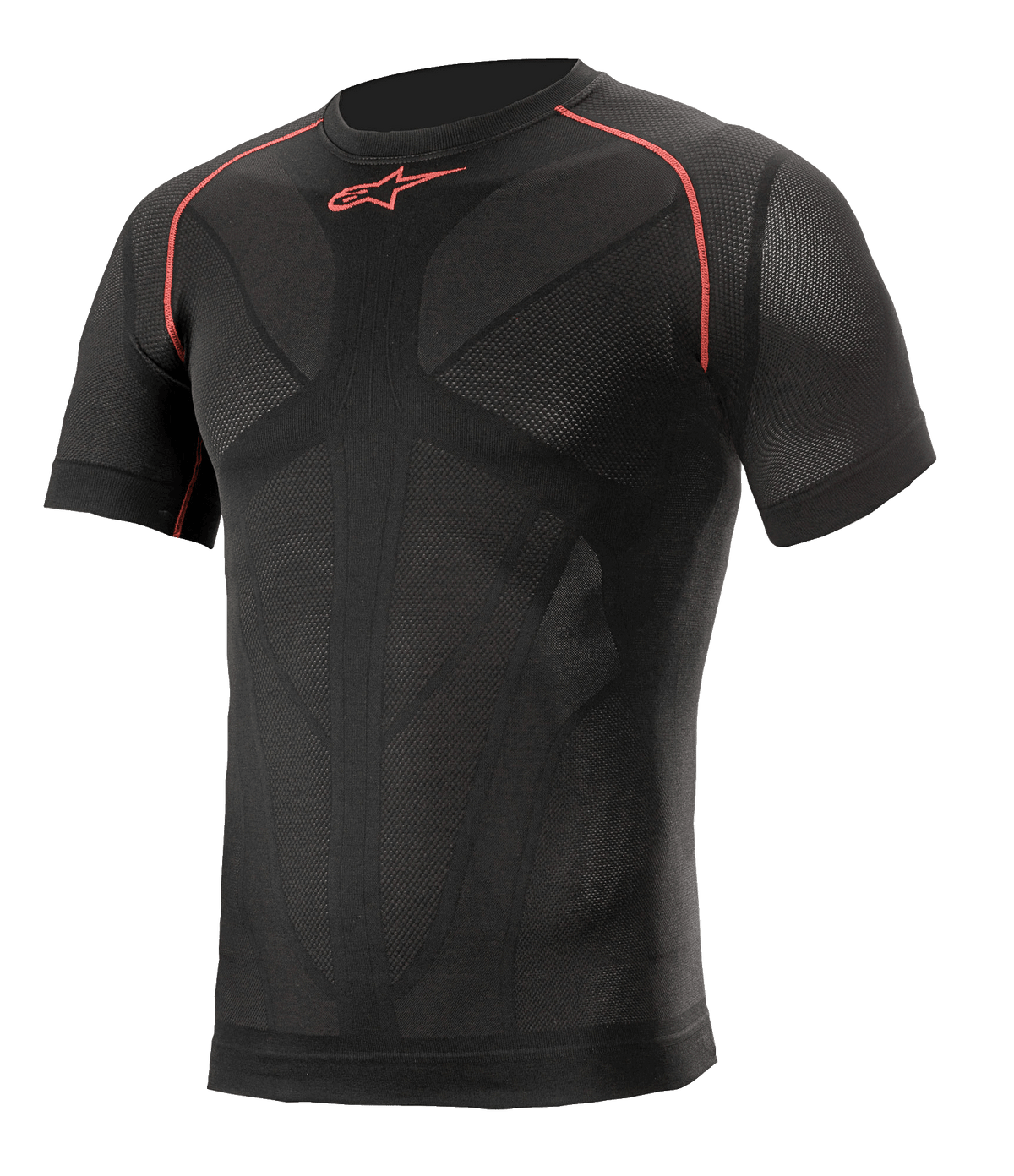 Alpinestars Ride Tech V2 Top Korte Mouwen Zomer, zwart met rode accenten, motoronderlaag met korte mouwen, nauwsluitende compressiepasvorm met mesh ventilatiepanelen, technische kleding voor zomerse ritten op de weg en het circuit