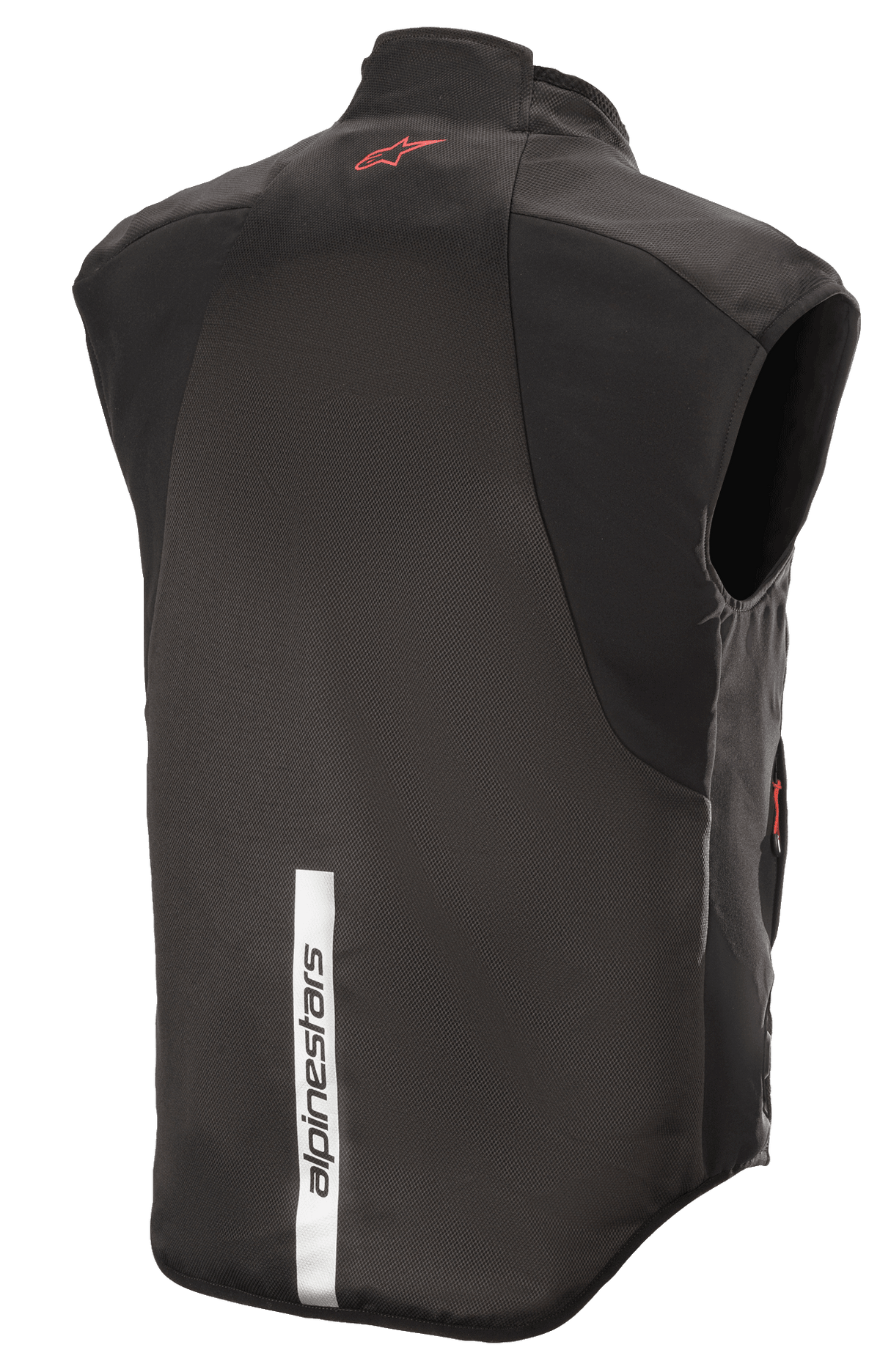 Alpinestars HT Heat Tech Vest, zwart, achteraanzicht met een rood Astars-logo op de bovenrug en een verticale reflecterende witte streep met Alpinestars-branding op de onderrug, verwarmde motoronderlaag