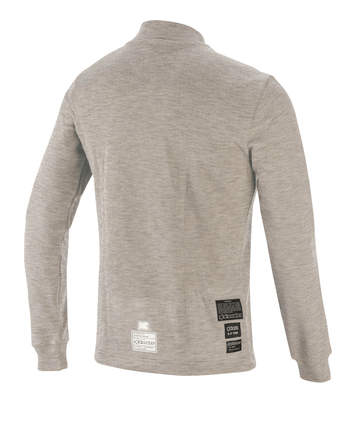 Alpinestars Race V3 Long Sleeve Top, technische basislaag voor de racerij, grijs melange, achteraanzicht met vlamvertragende technische stof en FIA-certificeringspatches bij de zoom