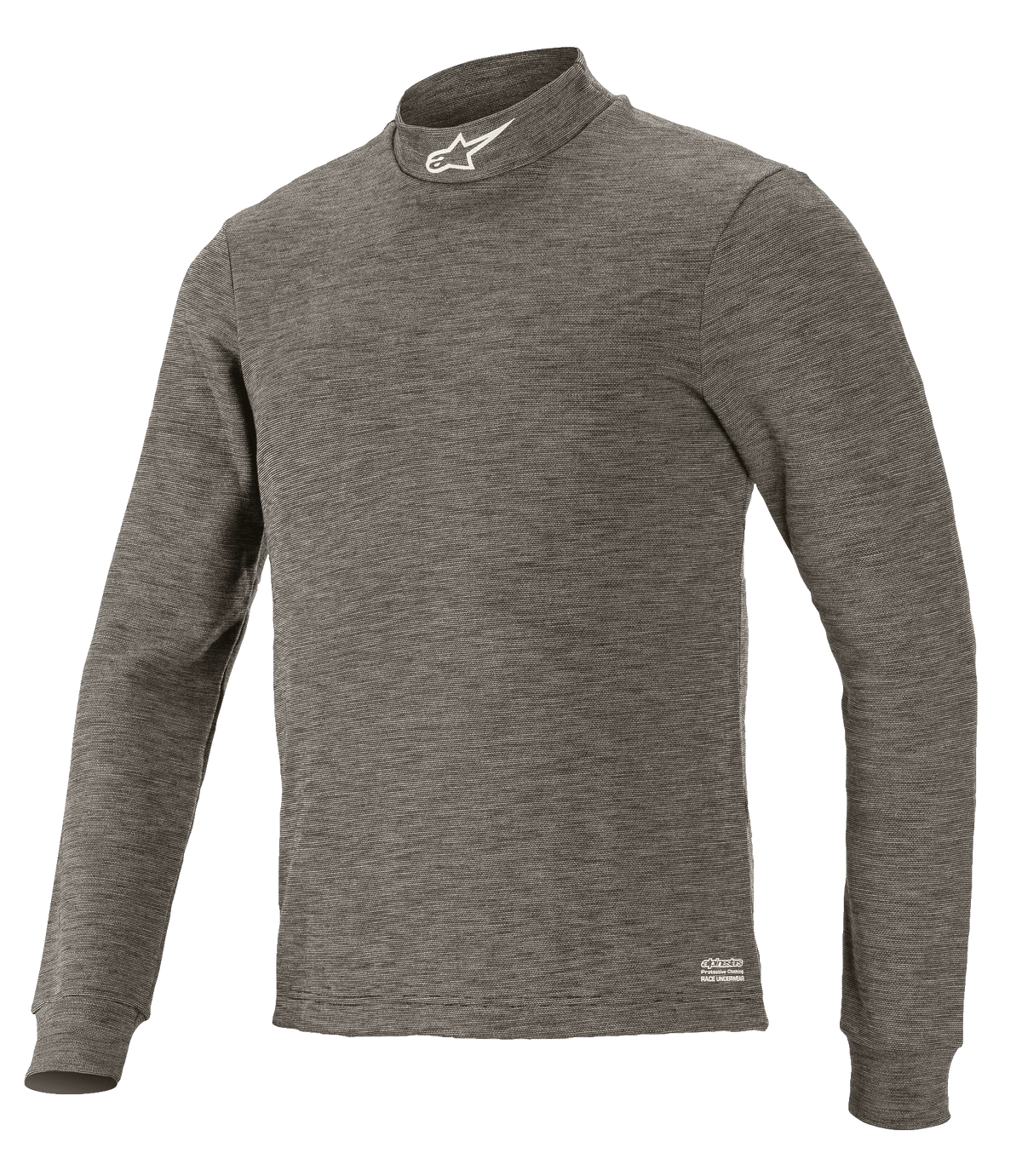 Alpinestars Race V3 Top met lange mouwen, technische autosport basislaag, antraciet melange grijs, opstaande kraag met wit sterlogo, gemêleerde vlamvertragende stof, professionele autorace-onderlaag