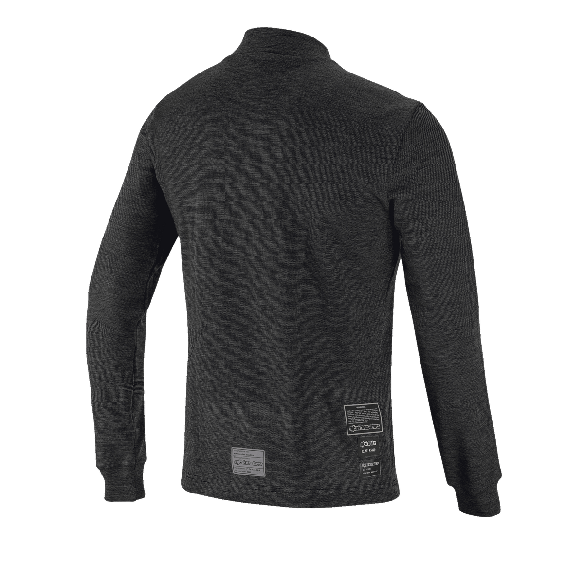 Alpinestars Race V3 Top met lange mouwen, achteraanzicht, zwarte vlamwerende basislaag, gebreid ontwerp met textuur, lange mouwen met geribbelde manchetten, FIA-homologatielabels op de onderrug