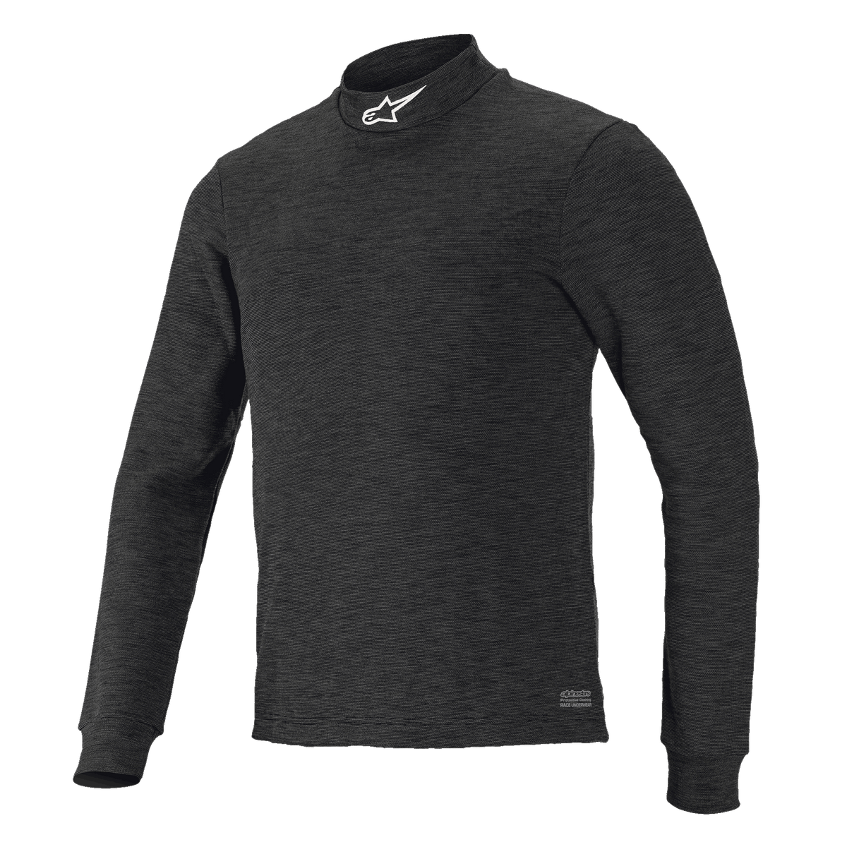 Alpinestars Race V3 top met lange mouwen, zwarte basislaag met textuur, hoge mock-neck kraag met wit logo, nauwsluitend ontwerp, vlamvertragende technische onderkleding voor motorsport