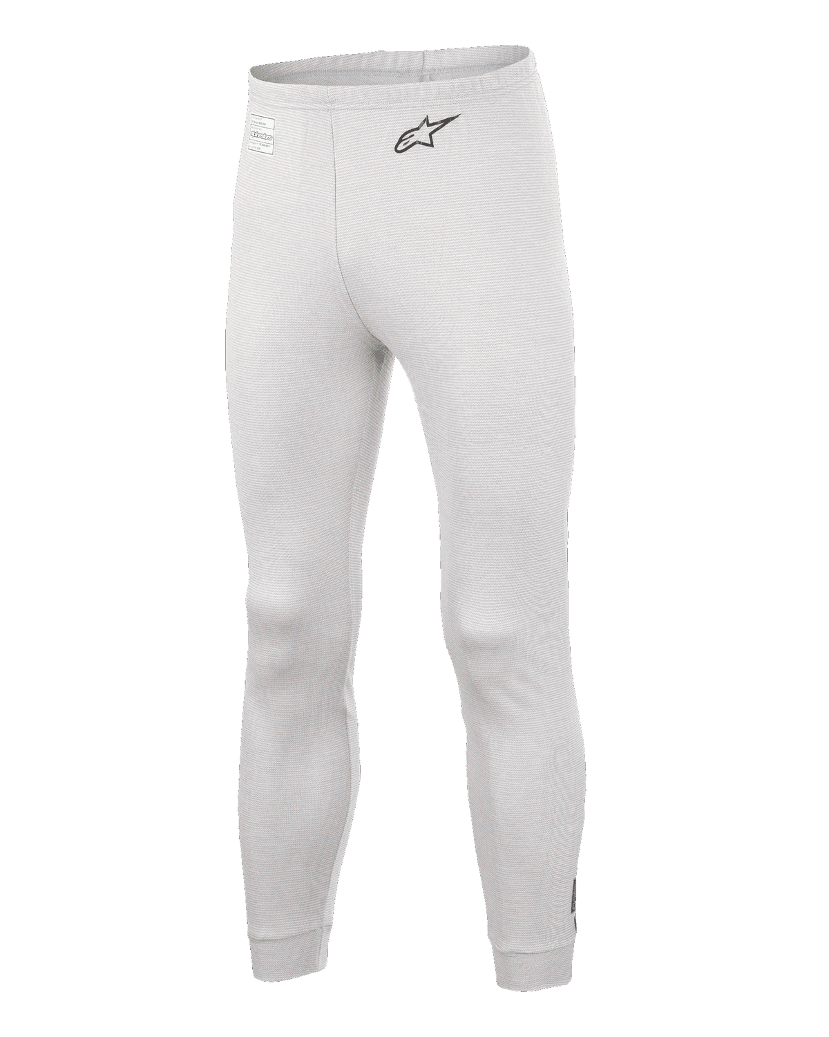 Alpinestars Race V3 Bottom, auto racing basislaag broek, wit, getextureerd vlamvertragend materiaal, zwart A-star logo op de heup, geribbelde enkelmanchetten en tailleband, lichtgewicht technische onderlaag
