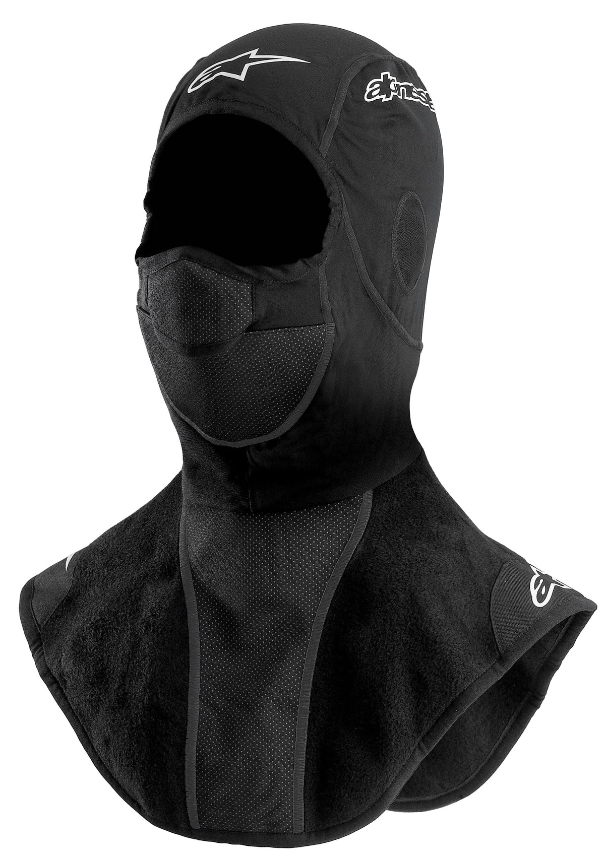Alpinestars Winter Bivakmuts, motorbivakmuts voor koud weer, zwart, met verlengd nek- en borststuk van fleece, ademend geperforeerd mondpaneel en witte geprinte logodetails.