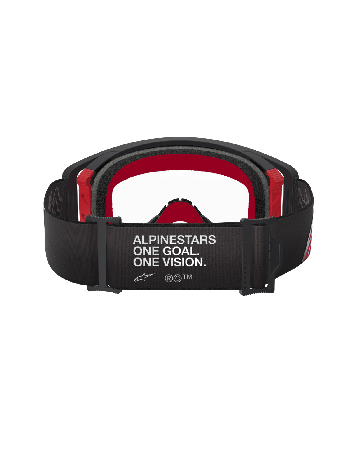 Alpinestars Supertech Corp Goggles, motorcrossbril, zwart en rood met heldere lens, achteraanzicht met brede zwarte band met witte 'ALPINESTARS ONE GOAL. ONE VISION.' branding, meerlaags gezichtsschuim en rode frame-accenten