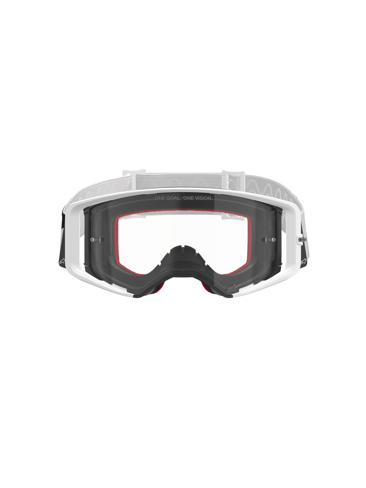 Alpinestars Supertech Corp Goggles, motorcrossbril, wit met heldere lens, witte en lichtgrijze verstelbare band, met 'ONE GOAL. ONE VISION.' tekst op de lens, rode accenten op het gezichtsschuim, hoogwaardige beschermende uitrusting voor off-road racen