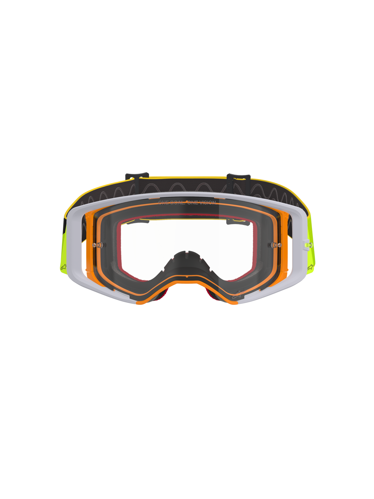 Alpinestars Supertech Corp Goggles, motorcrossbril, fluogeel en wit frame met heldere lens, grijze accenten, zwarte verstelbare band met gele branding en interne siliconen grip, hoogwaardige bril voor off-road racing.