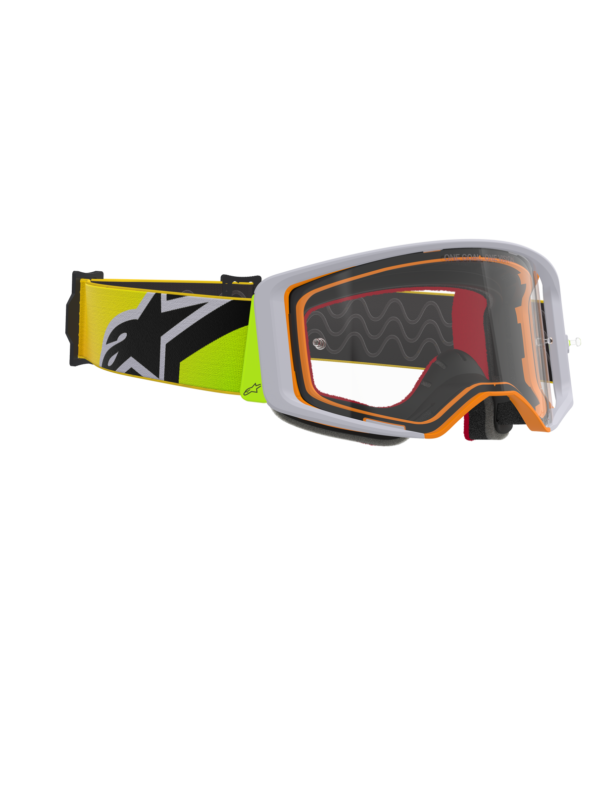Alpinestars Supertech Corp Goggles, motocrossbril, fluogeel en grijs, heldere lens met oranje frame-accenten, voorzien van een fluogele band met een zwart Alpinestars-logo voor off-road racing.