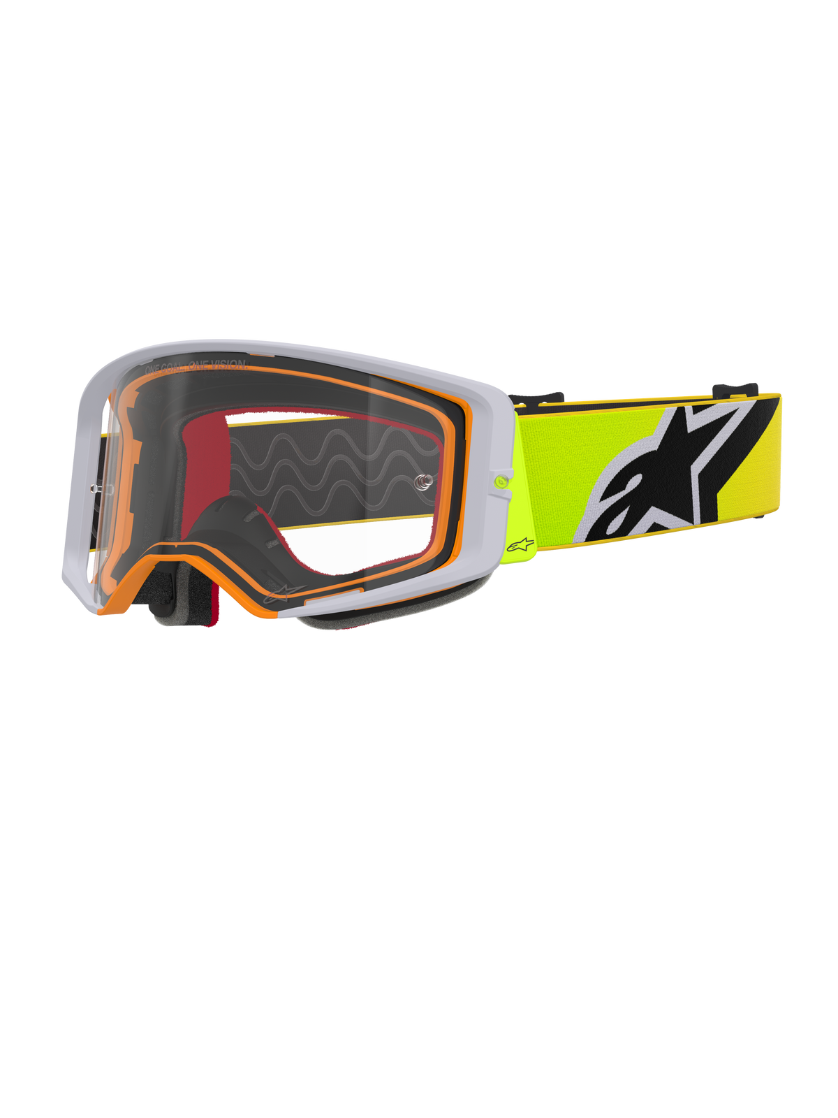 Alpinestars Supertech Corp Goggles, motorcrossbril, fluo geel grijs helder, grijs buitenframe met oranje binnenafdichting, heldere lens, felgele band met zwart-wit Alpinestars-logo, hoogwaardige bril voor off-road racing