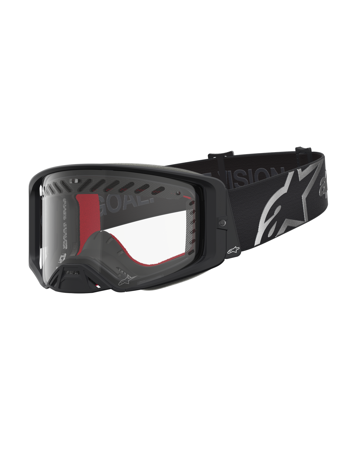 Alpinestars Supertech Dura Air Fluid veiligheidsbril voor motocross, zwart en zilver met heldere lens en brede logoband.
