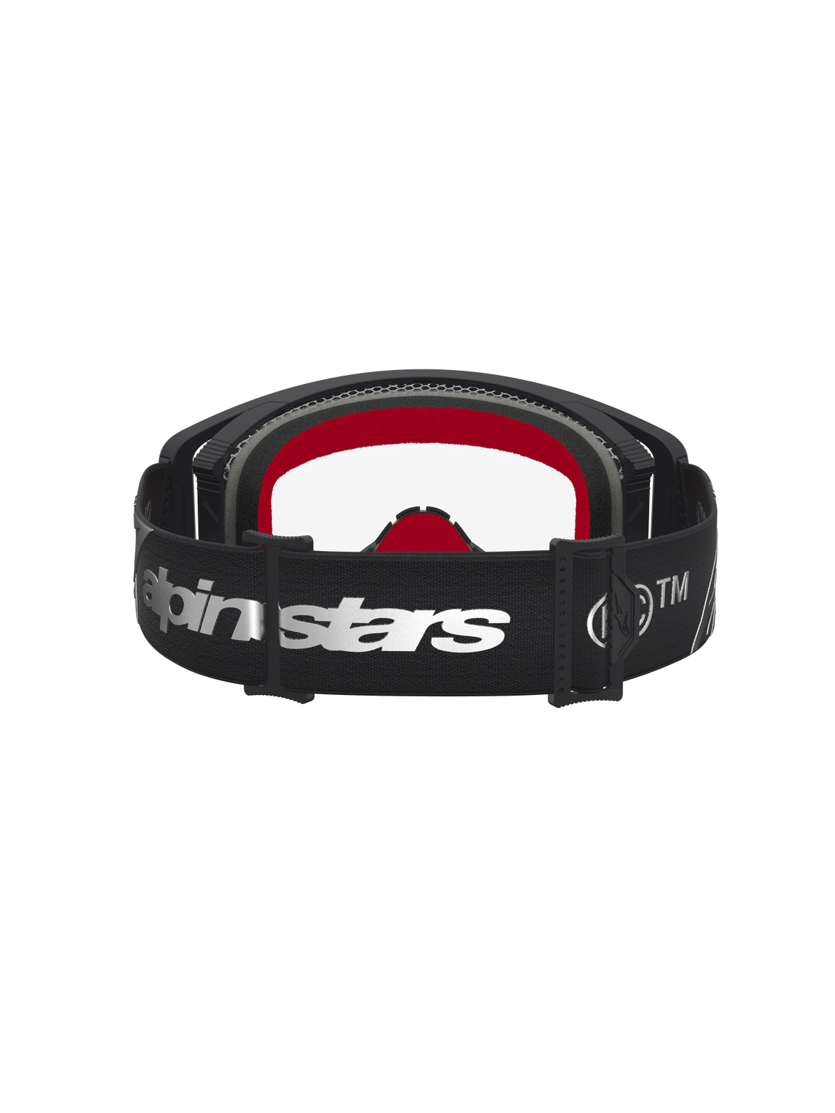 Alpinestars Supertech Dura Air Fluid veiligheidsbril, motorcrossbril in zwart en zilver met heldere lens en rode padding.