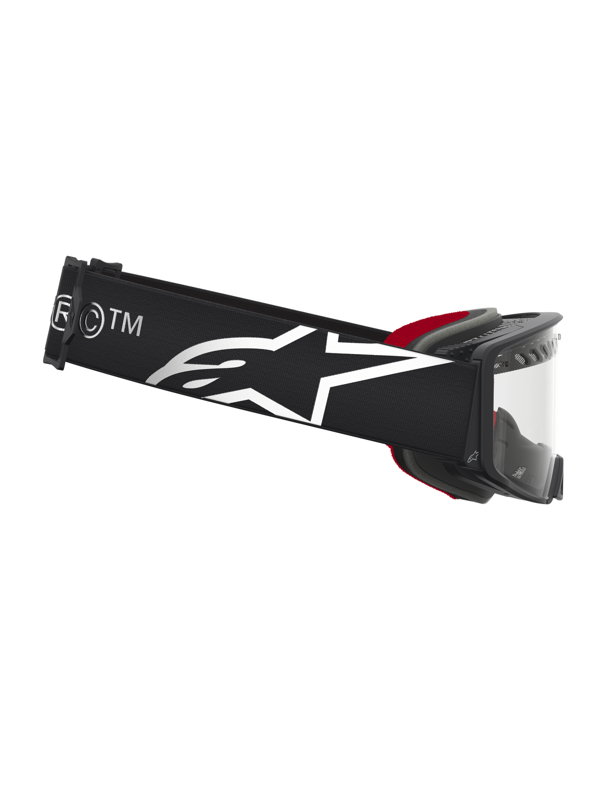 Alpinestars Supertech Dura Air Fluid veiligheidsbril voor motocross, zwart en zilver, helder vizier en logoband.