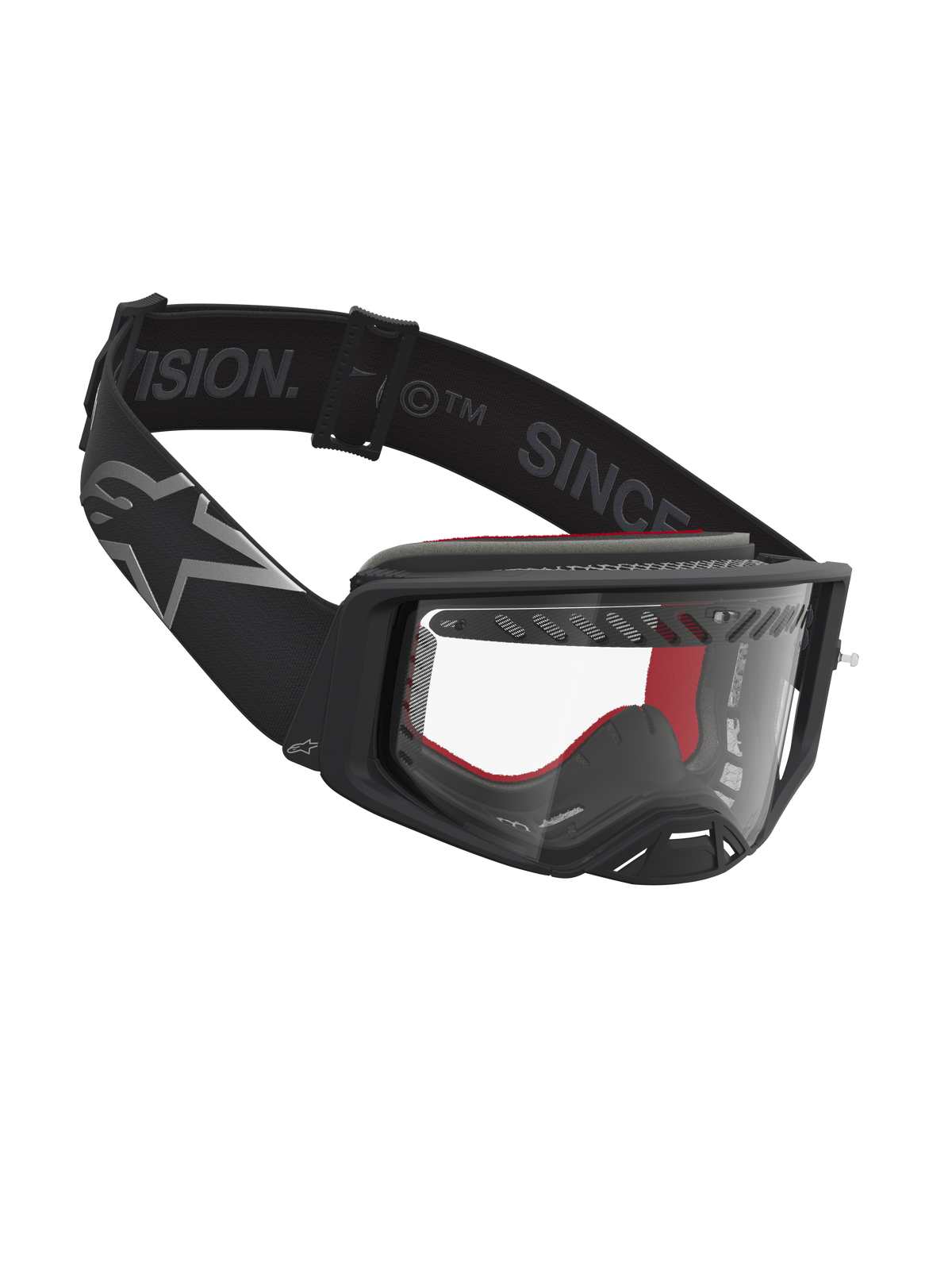 Alpinestars Supertech Dura Air Fluid veiligheidsbril, motocrossbril in zwart en zilver met een heldere polycarbonaatlens.