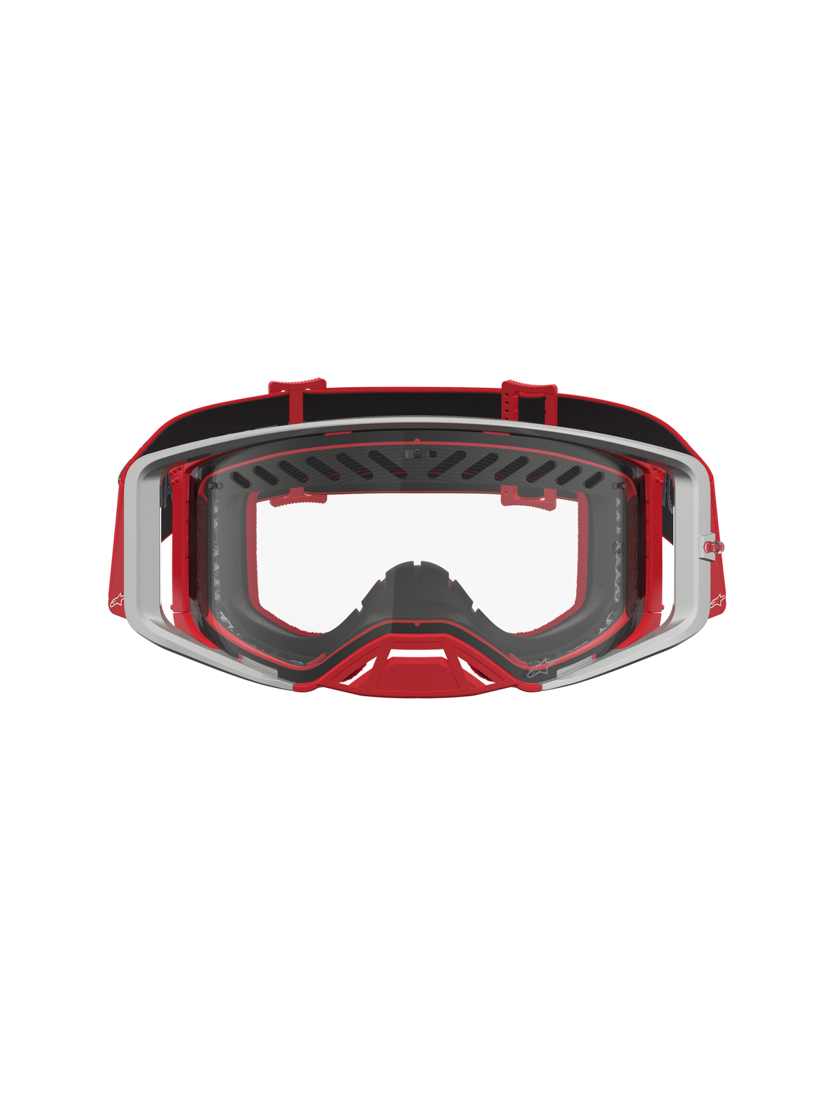 Alpinestars Supertech Dura Air Fluid veiligheidsbril, professionele motorcrossbril, rood en zilver, heldere polycarbonaat lens.
