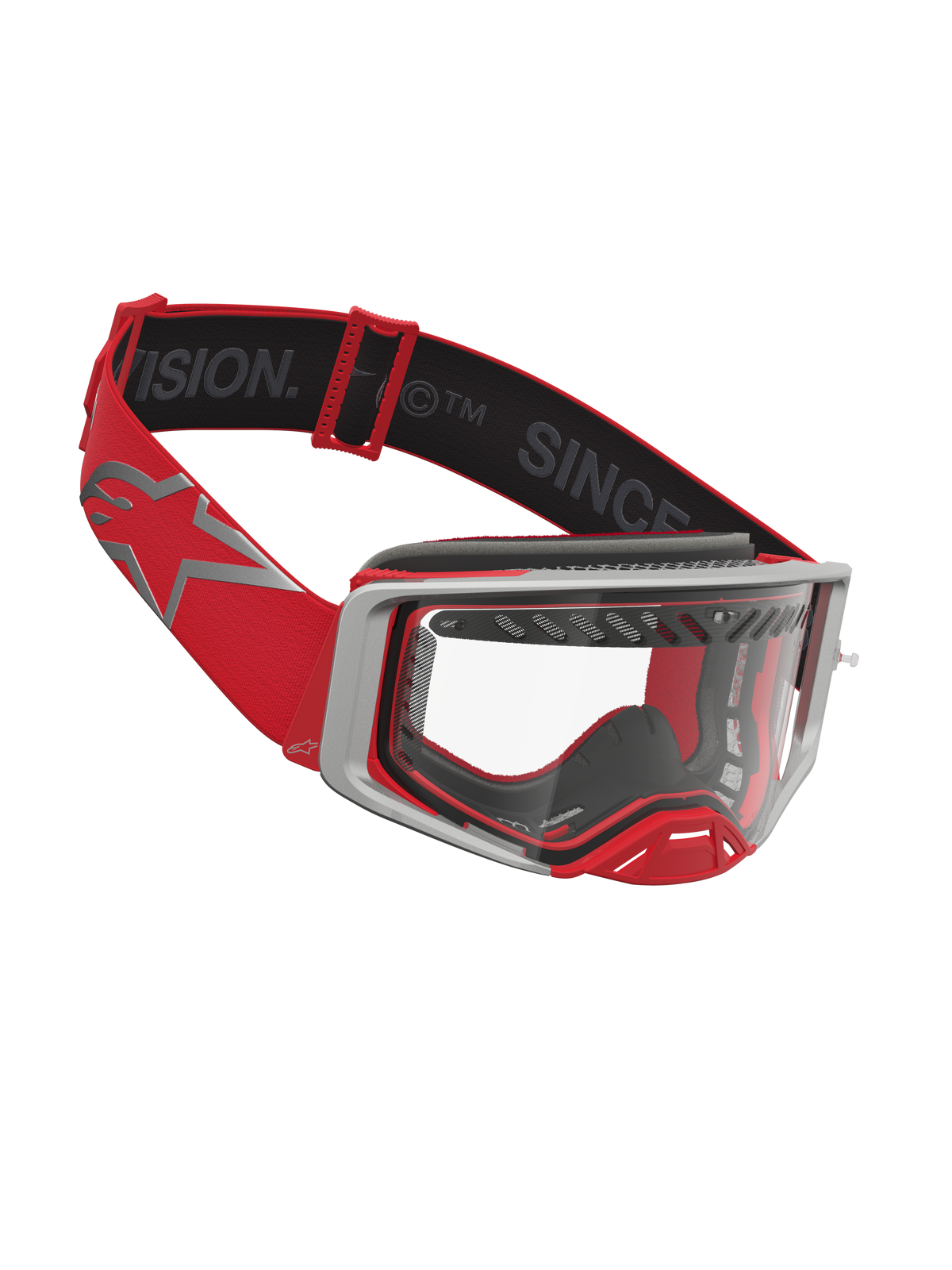 Alpinestars Supertech Dura Air Fluid veiligheidsbril, rood en zilver, motocrossbril met heldere lens en geventileerd frame.