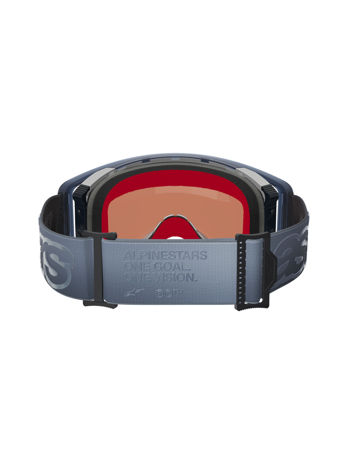 Alpinestars Supertech Vision Vista goggles, achteraanzicht, blauwgrijze verstelbare band met reliëftekst 'ONE GOAL. ONE VISION.', zwart meerlaags gezichtsschuim, binnenaanzicht van de getinte lens, ontworpen voor motorcross-prestaties