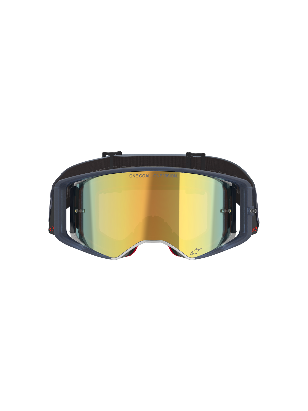 Alpinestars Supertech Vision Vista crossbril, motorcross goggles, Black Mirror Gold, vooraanzicht met goudkleurige spiegelende lens en donker frame, professionele off-road racebril met 'ONE GOAL. ONE VISION.' tekst en logo-details.