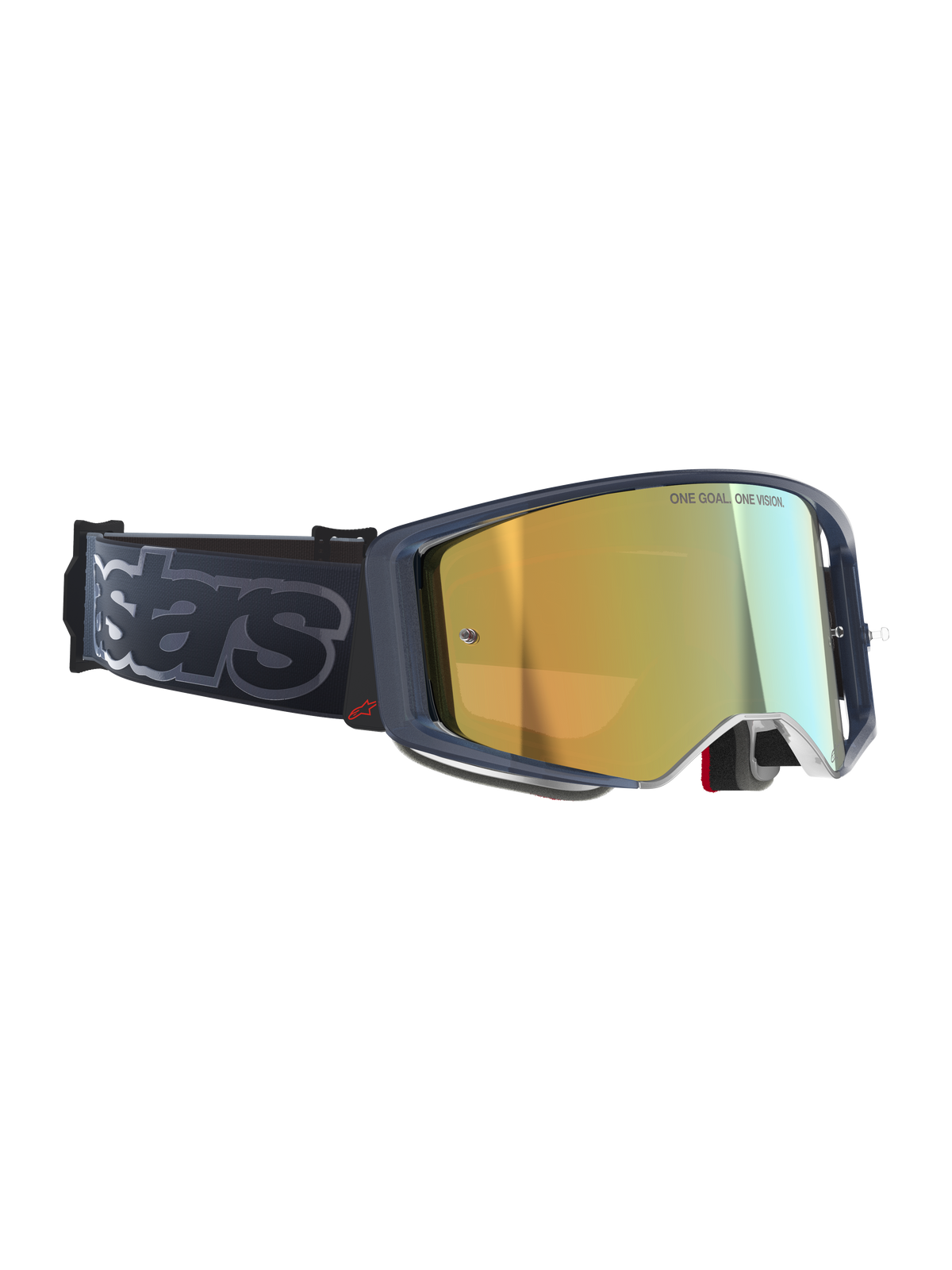 Alpinestars Supertech Vision Vista motorcrossbril, Black Mirror Gold, goudkleurige spiegelende lens met 'ONE GOAL. ONE VISION.' inscriptie, donker frame met rood logo-accent, brede zwarte band met grijze 'stars' branding, hoogwaardige off-road eyewear