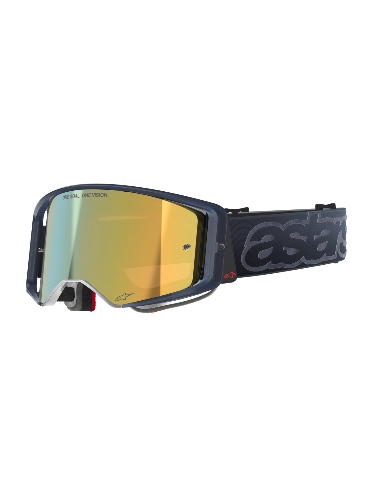 Alpinestars Supertech Vision Vista Goggles, motorcrossbril, Black Mirror Gold kleurstelling, donker doorschijnend frame, goud-gespiegelde lens met 'ONE GOAL. ONE VISION.' tekst, zwarte band met groot grijs reliëf 'astars' logo