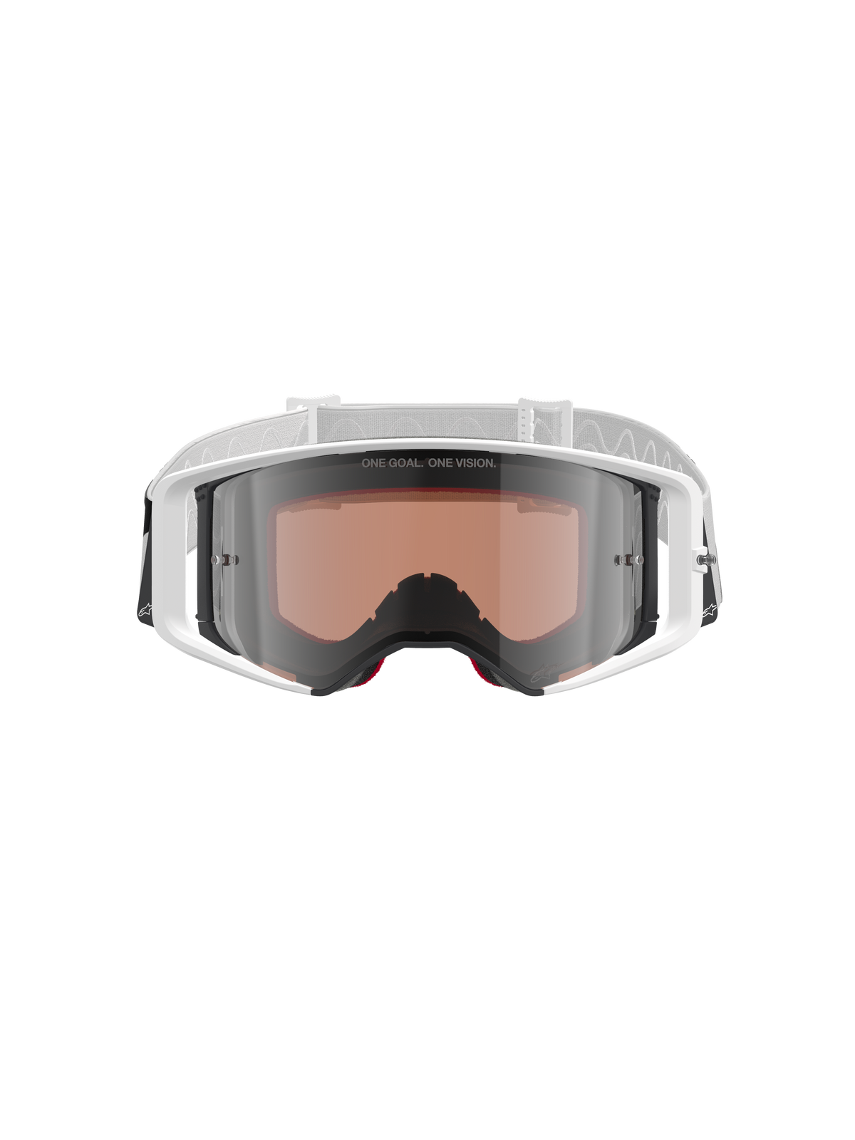 Alpinestars Supertech Corp Goggles Absolute Vision, motorcrossbril, wit en zilver spiegelglas, vooraanzicht met een wit frame en zilveren spiegellens met de tekst "ONE GOAL. ONE VISION.", verstelbare witte band met Alpinestars-logo, hoogwaardige beschermende bril voor off-road racen
