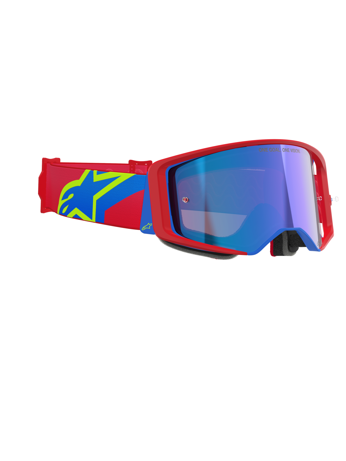 Alpinestars Supertech Corp Goggles Absolute Vision, Motocross Goggles, Red and Blue frame with Mirror Blue lens, red and blue strap featuring a yellow Alpinestars star logo, professional off-road racing eyewear