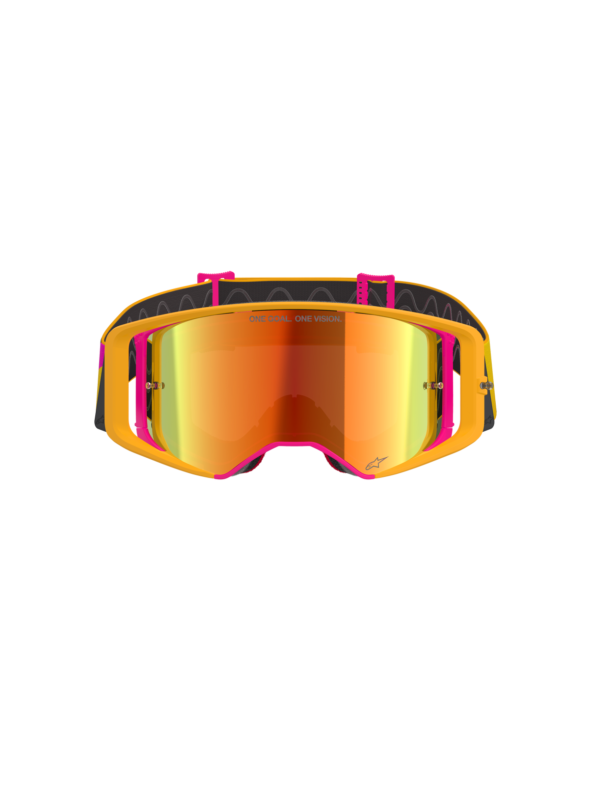 Alpinestars Supertech Corp Goggles Absolute Vision, motorcrossbril, geel en roze frame met rode spiegelende lens, vooraanzicht, voorzien van 'ONE GOAL. ONE VISION.' tekst op de lens, verstelbare zwarte band met siliconen grip