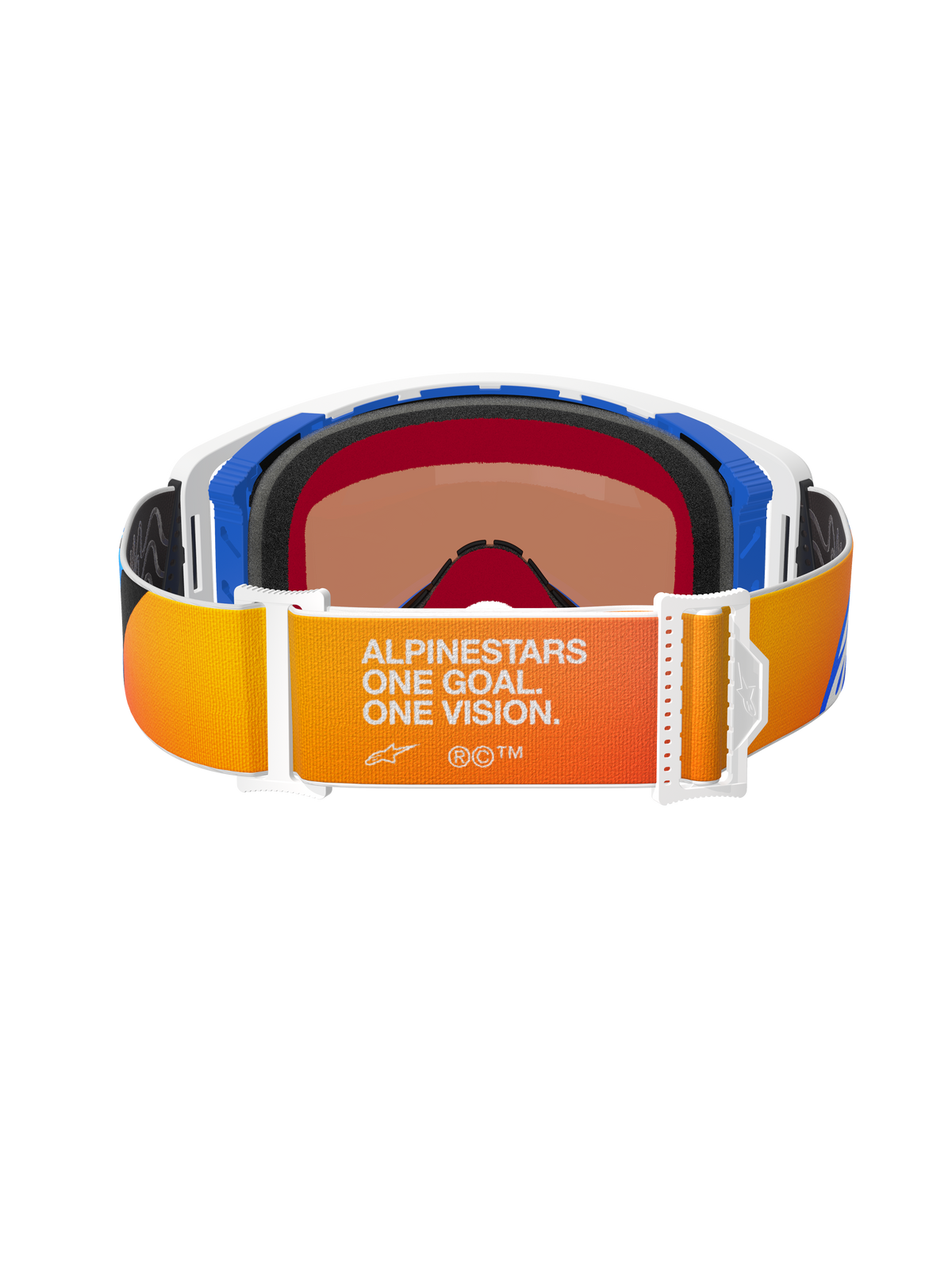 Alpinestars Supertech Corp Goggles Absolute Vision, achteraanzicht met een oranje en geel verlopende band met witte 'ALPINESTARS ONE GOAL. ONE VISION.' branding, blauwe en witte frame-onderdelen, zwart meerlaags gezichtsschuim en warm getinte lens